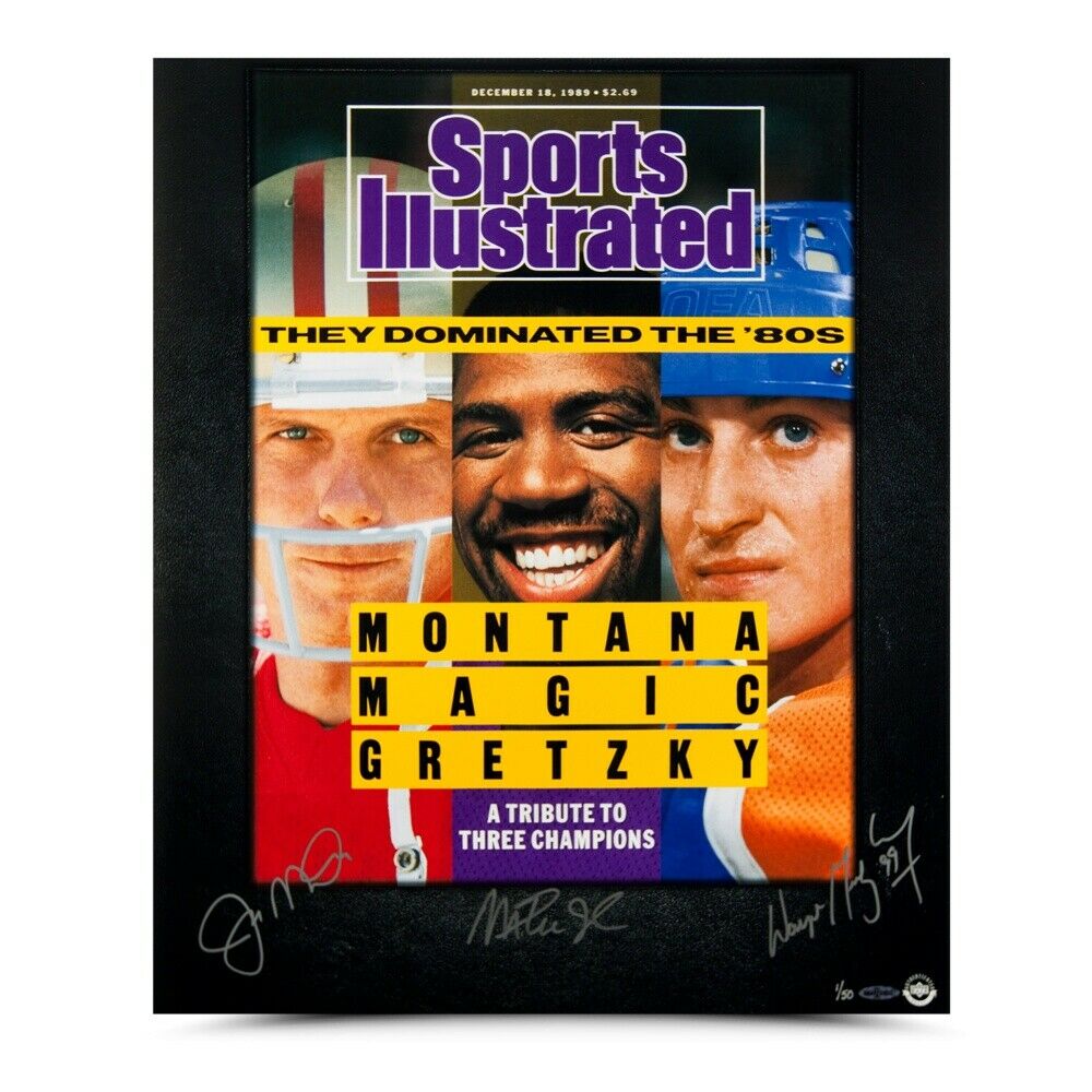 Joe Montana, Magic Johnson & Wayne Gretzky Autographed 80's Dominance 20x24 Upper Deck Collectible - Perfect for Sports Memorabilia Displays, Man Cave Decor & Vintage Gift for Fans
