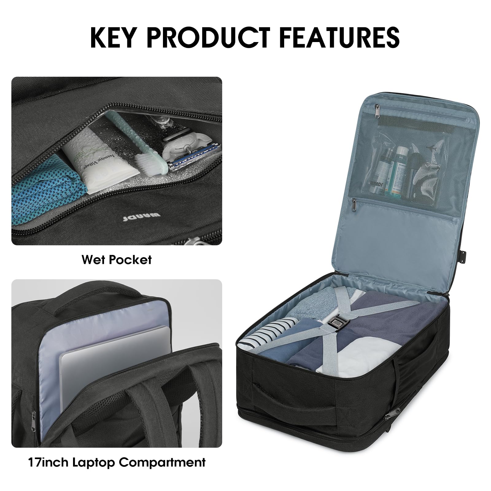 WANDF 18x14x8 Inch Travel Backpack - Approved Spirit Airlines Personal Item Bag with Wet Pocket & Laptop Compartment | 17 Inch Laptop Backpack for Men & Women (Black) | Perfect for Air Travel, Commuting & Business Trips