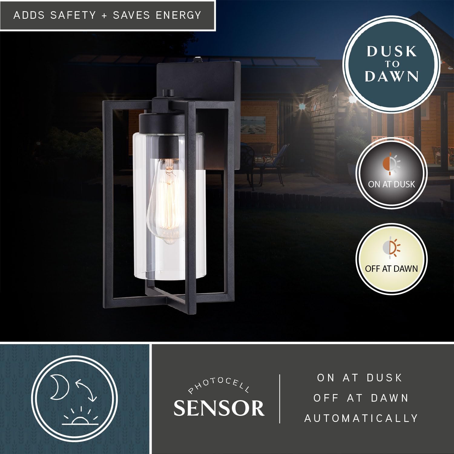 VAXCEL Kilbourne 1-Light Black Outdoor Wall Lantern with Clear Glass - Dusk to Dawn Sensor - Perfect for Porch, Patio, Garage & Entryway Lighting