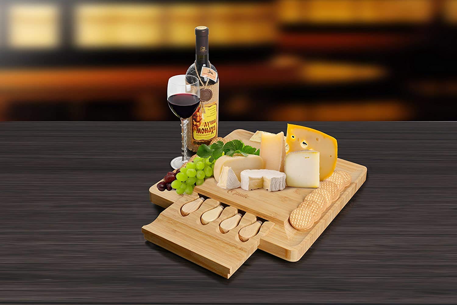 Premium Bamboo Cheese Board Set with 4 Stainless Steel Knives - Elegant Square Charcuterie Serving Tray with Pull-Out Drawer - Perfect for Cheese Platters, Charcuterie Boards, Picnics, Dinner Parties & Holiday Gifts - Pack of 4