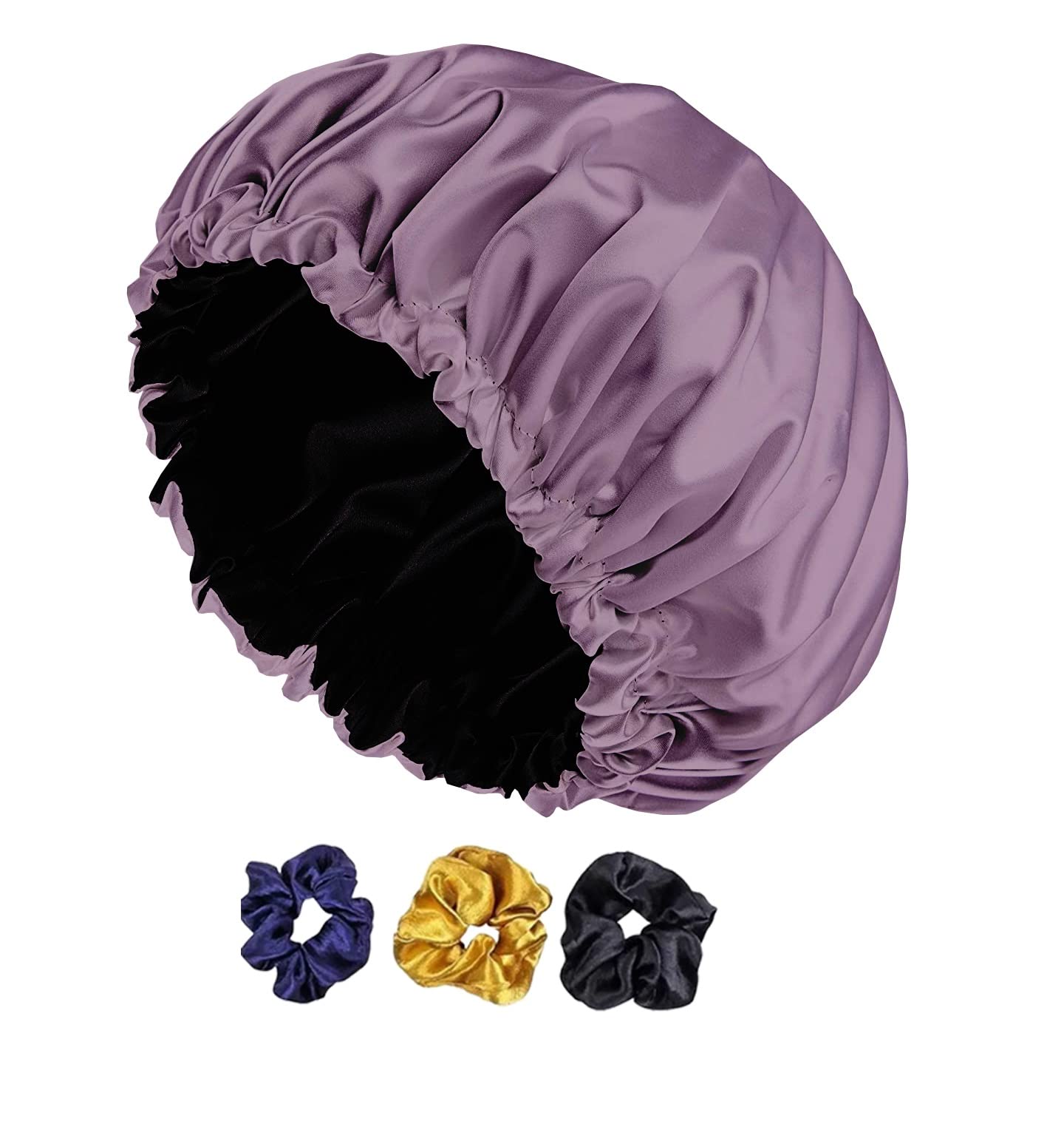 Avirons Silk Sleep Bonnet for Women - Adjustable Satin Hair Cap with Free 3 Scrunchies | Soft Silk Bonnet for Curly, Natural & Protective Hairstyles | Nighttime Hair Care for Frizz Prevention & Moisture Retention (Purple) | Perfect for Travel, Bedtime & Salon Visits