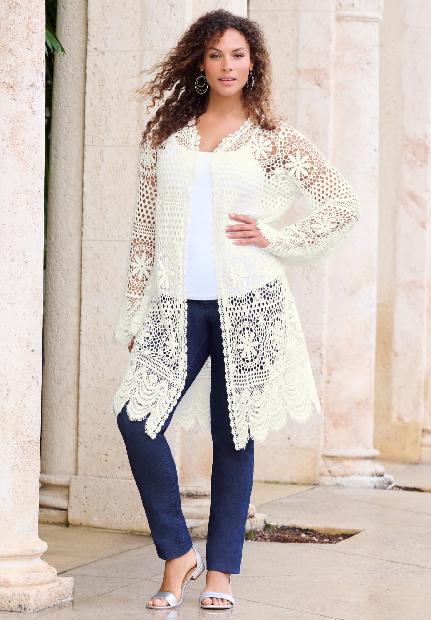 Romantic Plus Size Floral Lace Crochet Duster Cardigan for Women | Boho Chic Cover-Up for Beach, Wedding & Special Occasions