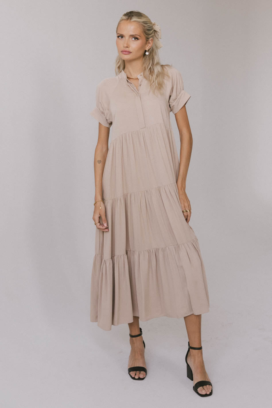 Amanda Tiered Maxi Dress in Tan - Women's Boho Flowy Summer Dress for Beach, Wedding & Vacation - FINAL SALE
