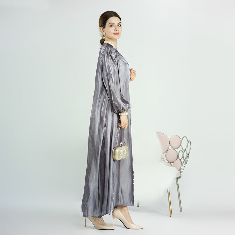 Elegant 2-Piece Silk-Like Beaded Open Abaya Dress Set - Outer Abaya & Sleeveless Inner Dress for Women | Perfect for Eid, Weddings & Special Occasions