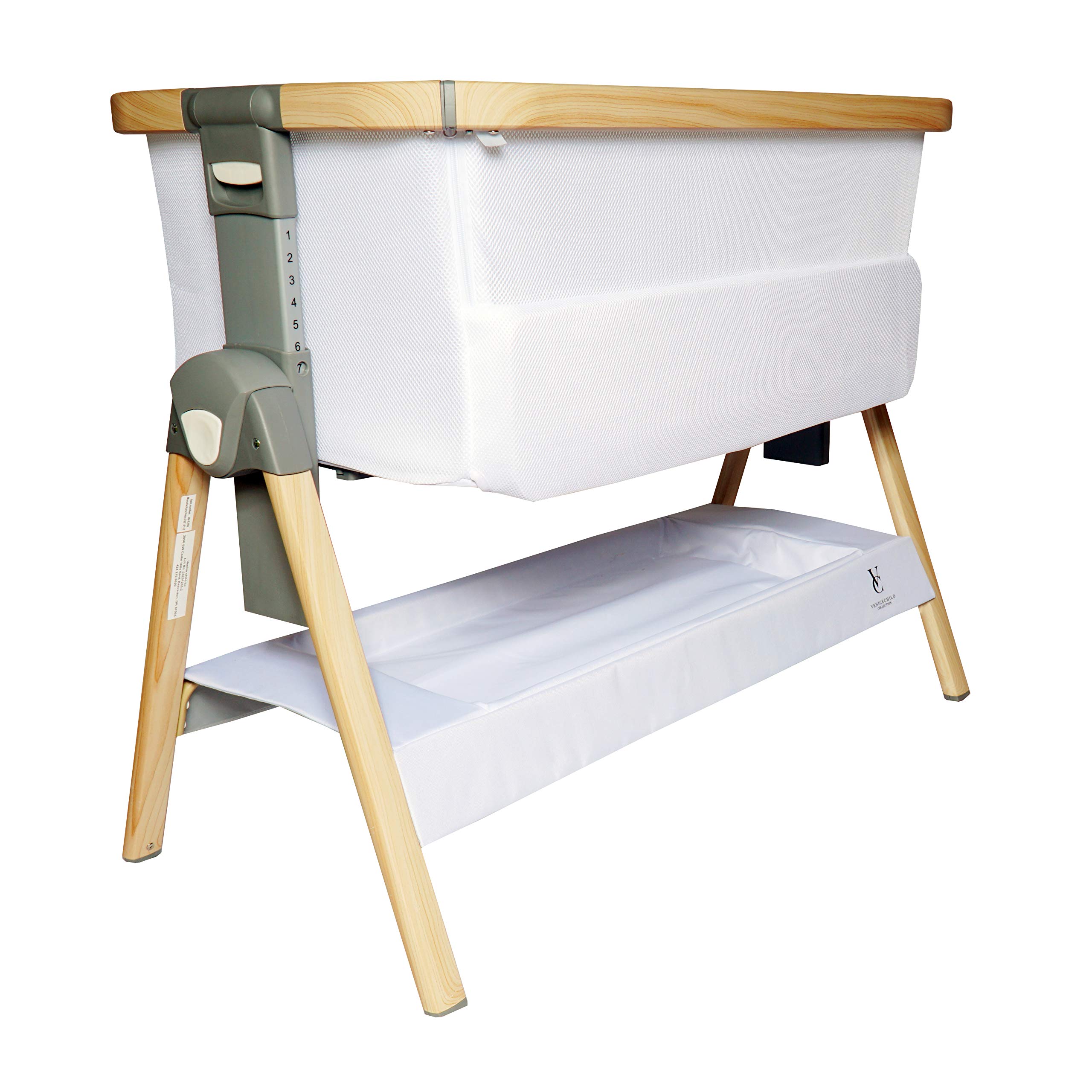 Venice Child California Dreaming Bedside Crib Bassinet with Travel Case - Adjustable Height, Removable Bamboo Mattress & Sheet, Easy to Clean (White) | Perfect for Nursery, Co-Sleeping & Travel