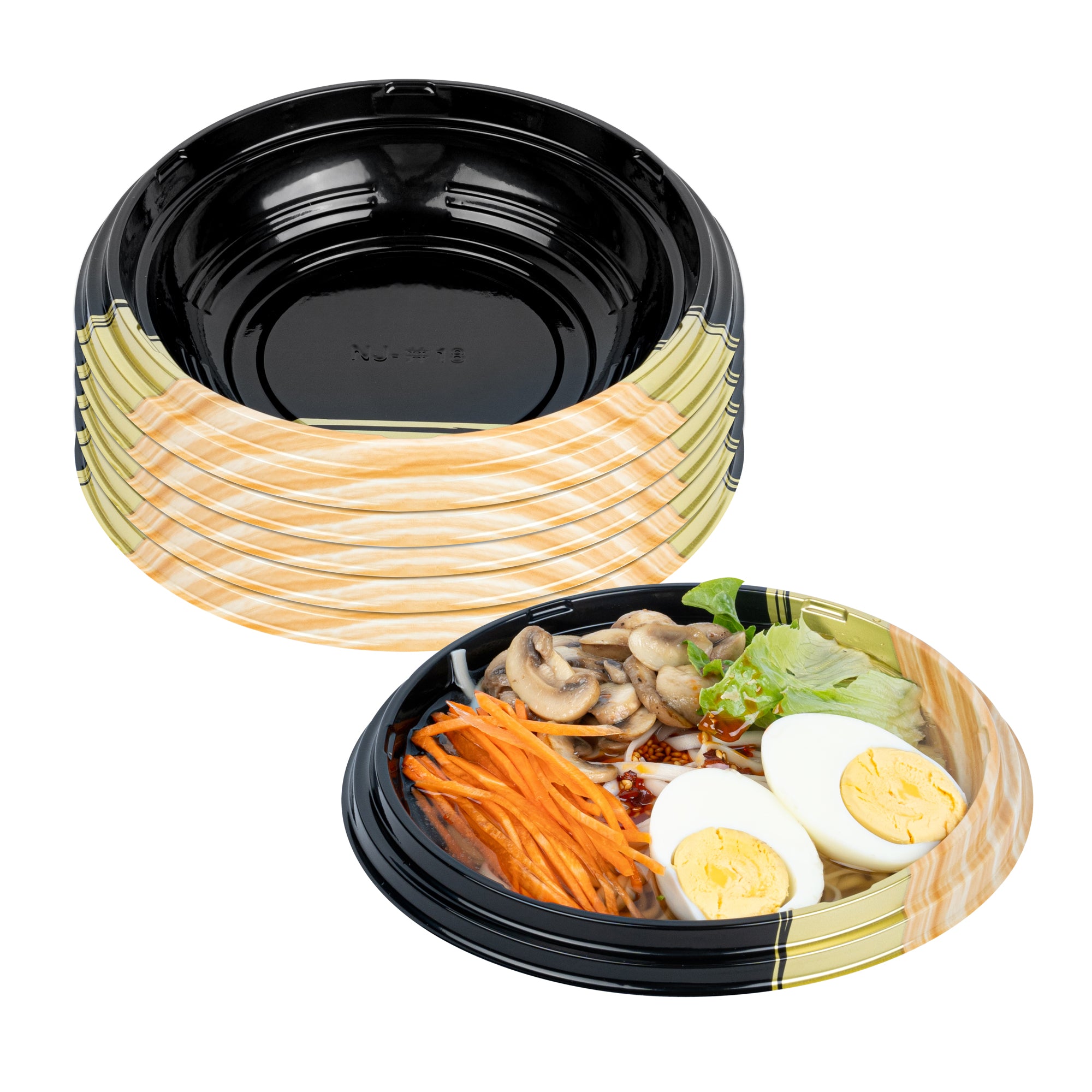 Premium 14 oz Round Black & Gold Plastic Asian-Style Bento Bowl - 7 x 7 x 1.5 Inches - Pack of 100 - Perfect for Sushi, Ramen, Rice Bowls & Party Serving