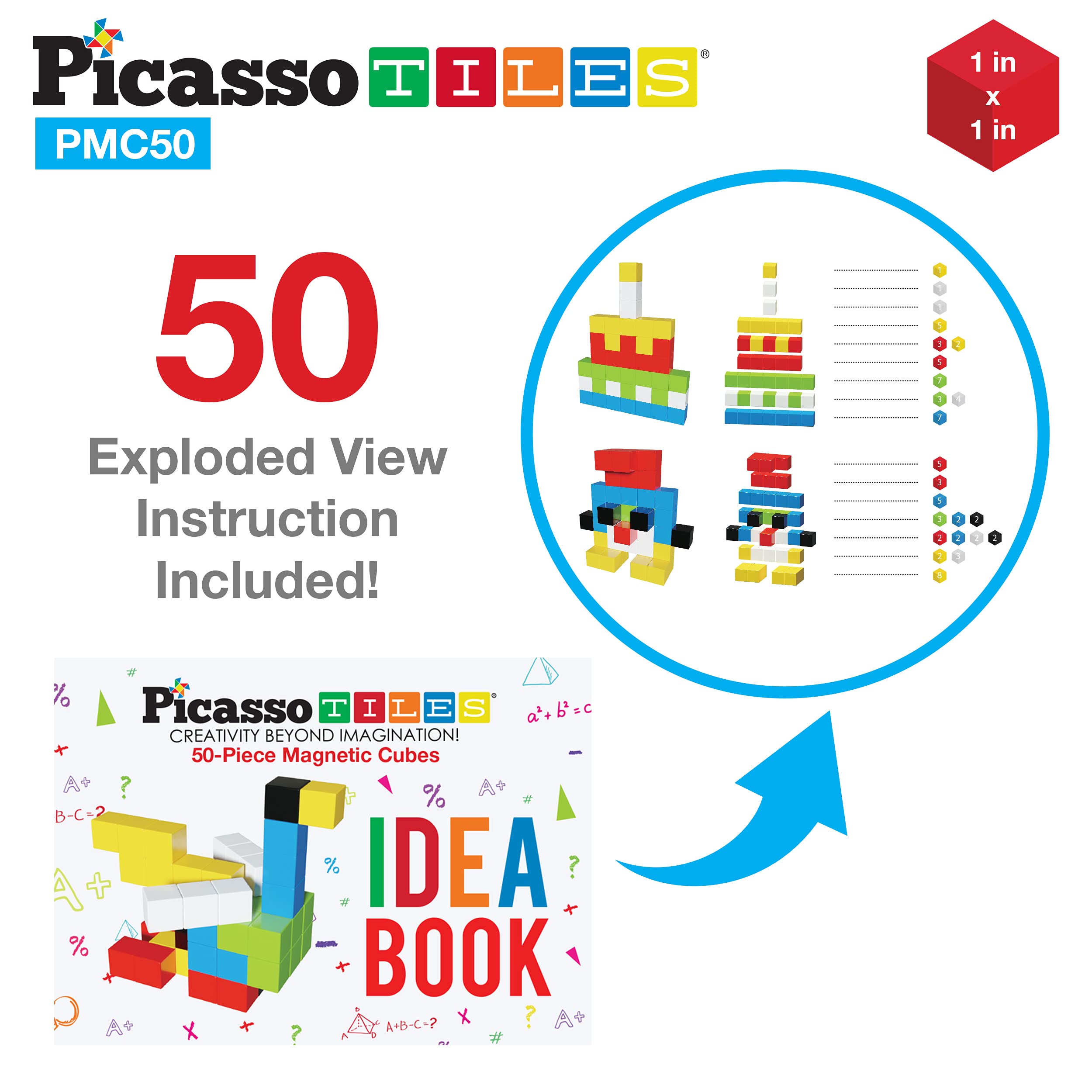 PicassoTiles 50-Piece Magnetic Puzzle Cube Set - Van Gogh, Mona Lisa & Art Mix & Match Building Blocks | STEM Learning, Sensory Toys for Kids | Creative Construction Play for Home & Classroom Activities