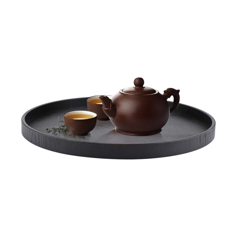 Solid Wood Round Serving Tray for Tea, Coffee, Snacks & Meals - Black Wooden Party Bar Breakfast Tray for Home, Office & Outdoor Entertaining