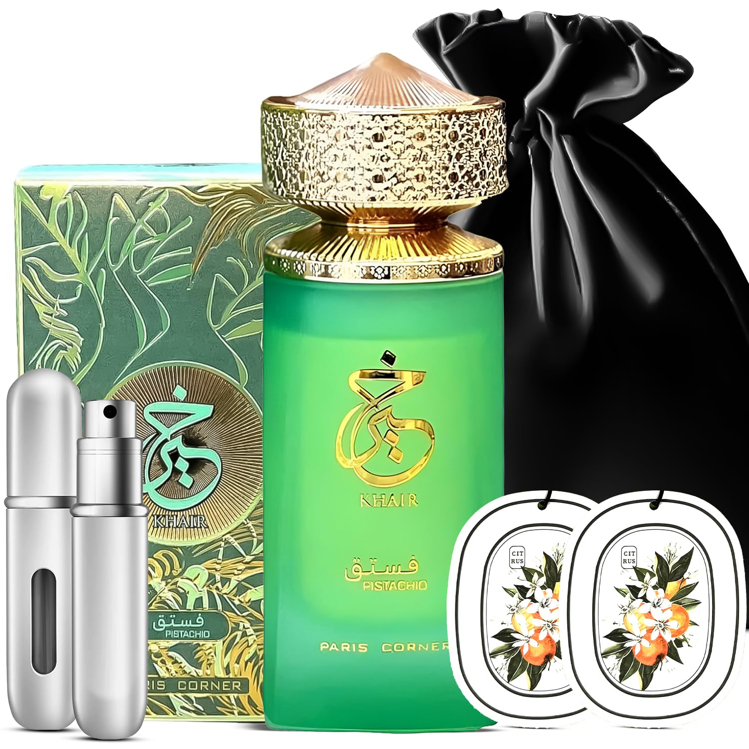 Paris Corner Pistachio Khair Eau de Parfum for Men 3.4oz | Luxury Fragrance Gift Set with Travel Refillable Bottle & 2 Car Air Fresheners | Perfect for Gifting, Date Nights & Office Wear