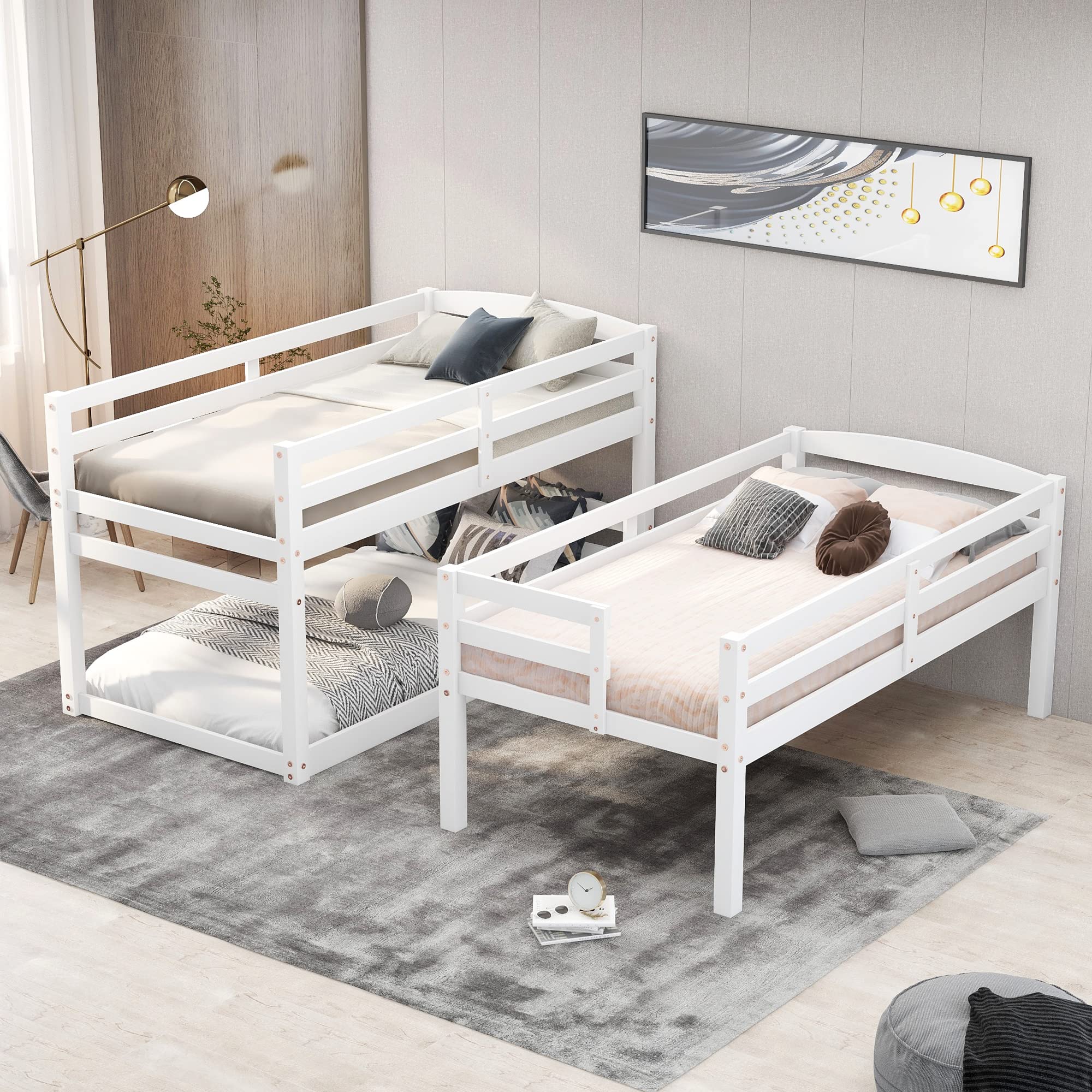 P PURLOVE Twin Over Twin Over Twin Triple Bunk Bed Frame with Storage Staircase - Convertible to Separate Bunk Beds & Platform Bed - Safety Guardrail Included - Space-Saving Kids Bedroom Furniture for Boys & Girls (White) - Perfect for Shared Rooms, Sleepovers & Small Spaces