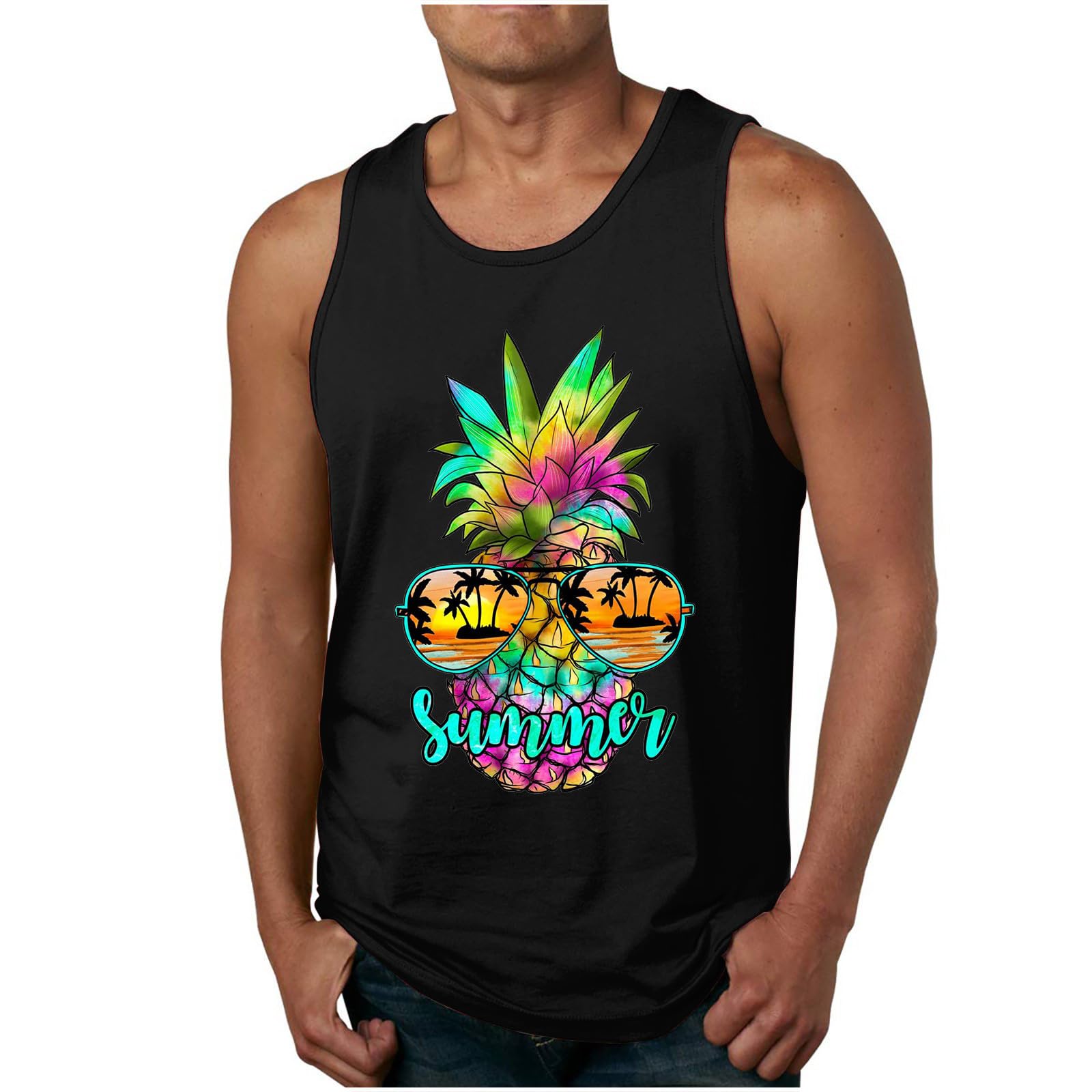 Funny Pineapple Print Men's Summer Tank Tops - Sleeveless Gym Workout Shirts, Beach Muscle Shirts & Sports Undershirts for Outdoor Activities, Vacation & Casual Wear