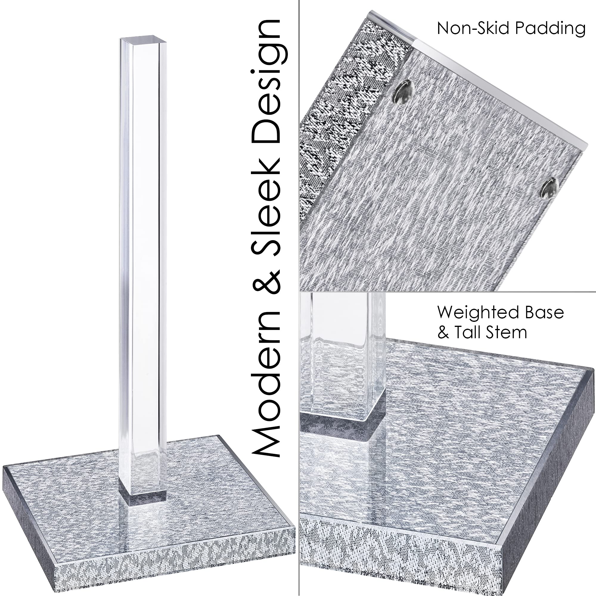 Elegant Acrylic Paper Towel Holder Stand & Toilet Paper Holder with Silver Base & Clear Stem - Modern Kitchen, Bathroom & Office Decor for All Brand Rolls up to 12.5