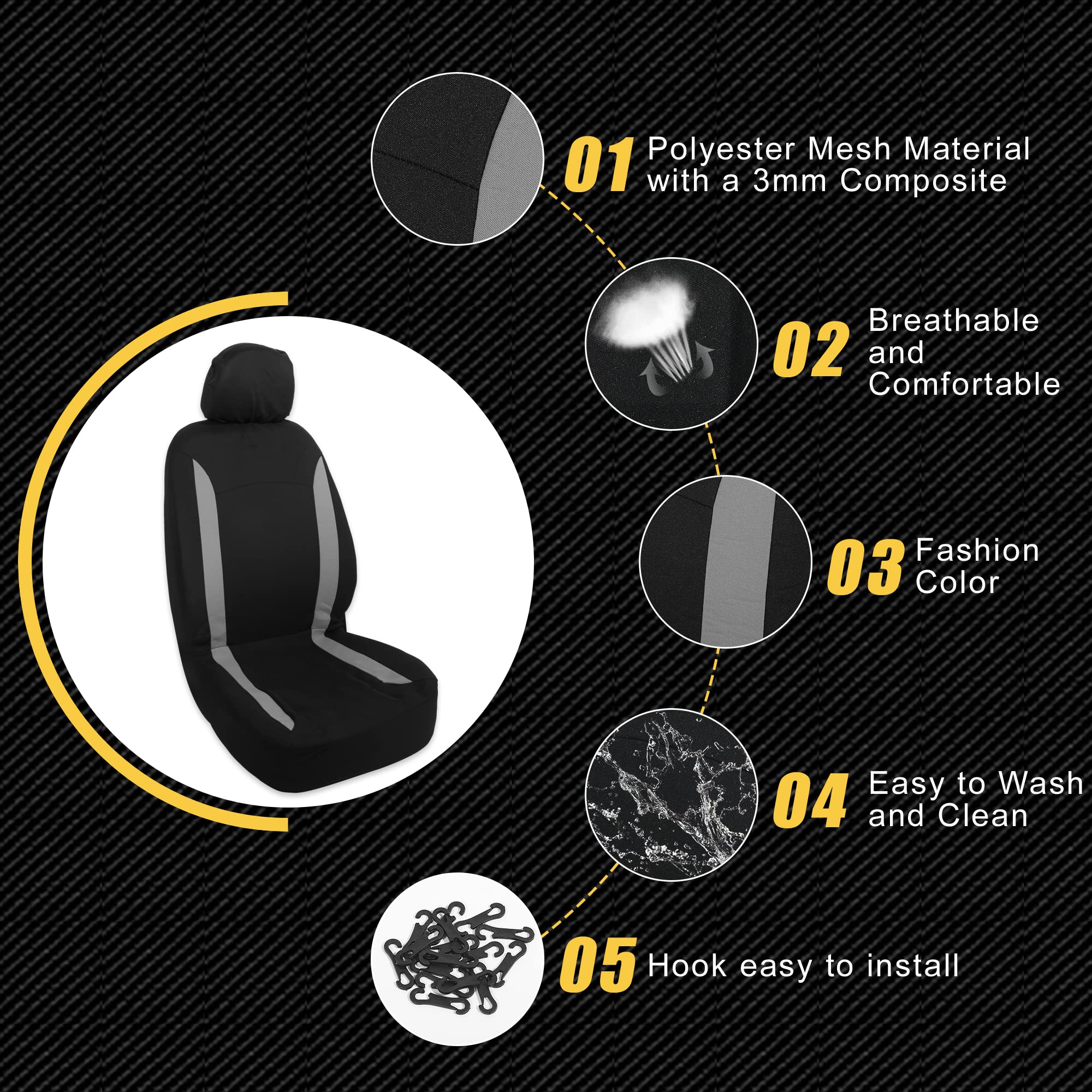 Universal Car Seat Covers Set of 4 - Washable Polyester Sponge Headrest Covers for Cars, Trucks & SUVs (Gray/Black) | Durable Interior Protection & Comfort Upgrade for Daily Commute, Road Trips & Family Travel