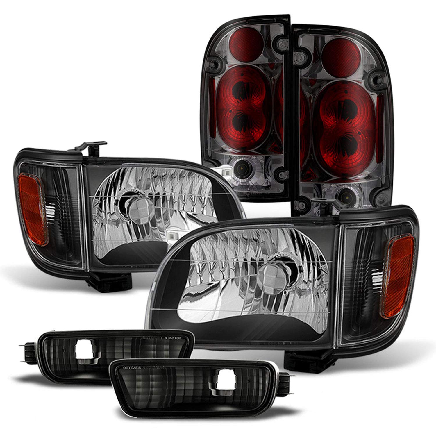 AKKON Black Headlights + Corner Lights + Signal Lights + Bumper Lamps + Smoked Tail Lights Pair for 2001-2004 Toyota Tacoma Pickup - Upgrade Your Truck's Style & Night Visibility (Perfect for Off-Roading, Night Driving & Custom Builds)