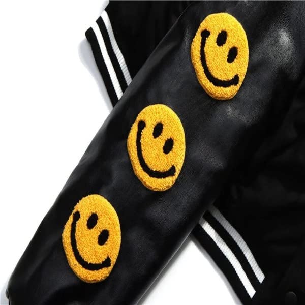 Smiley Varsity Jacket - Premium Black Wool & Genuine Leather Sleeves Baseball Letterman Bomber for Men & Women | Perfect for School, College, Sports Events & Casual Streetwear