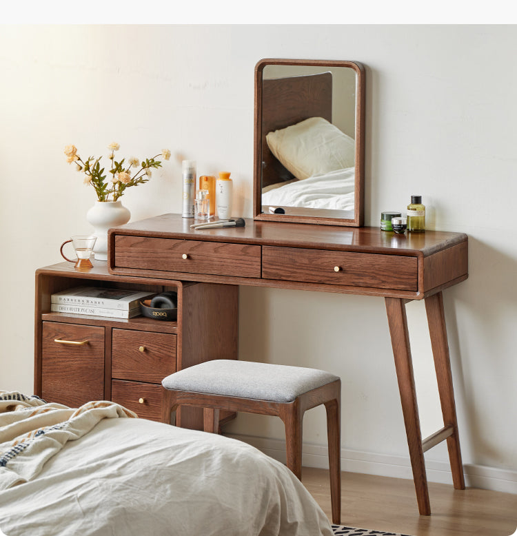 Solid Oak Wood Extendable Dressing Table - Walnut Finish | Elegant Vanity Desk for Bedroom, Makeup Station & Home Decor