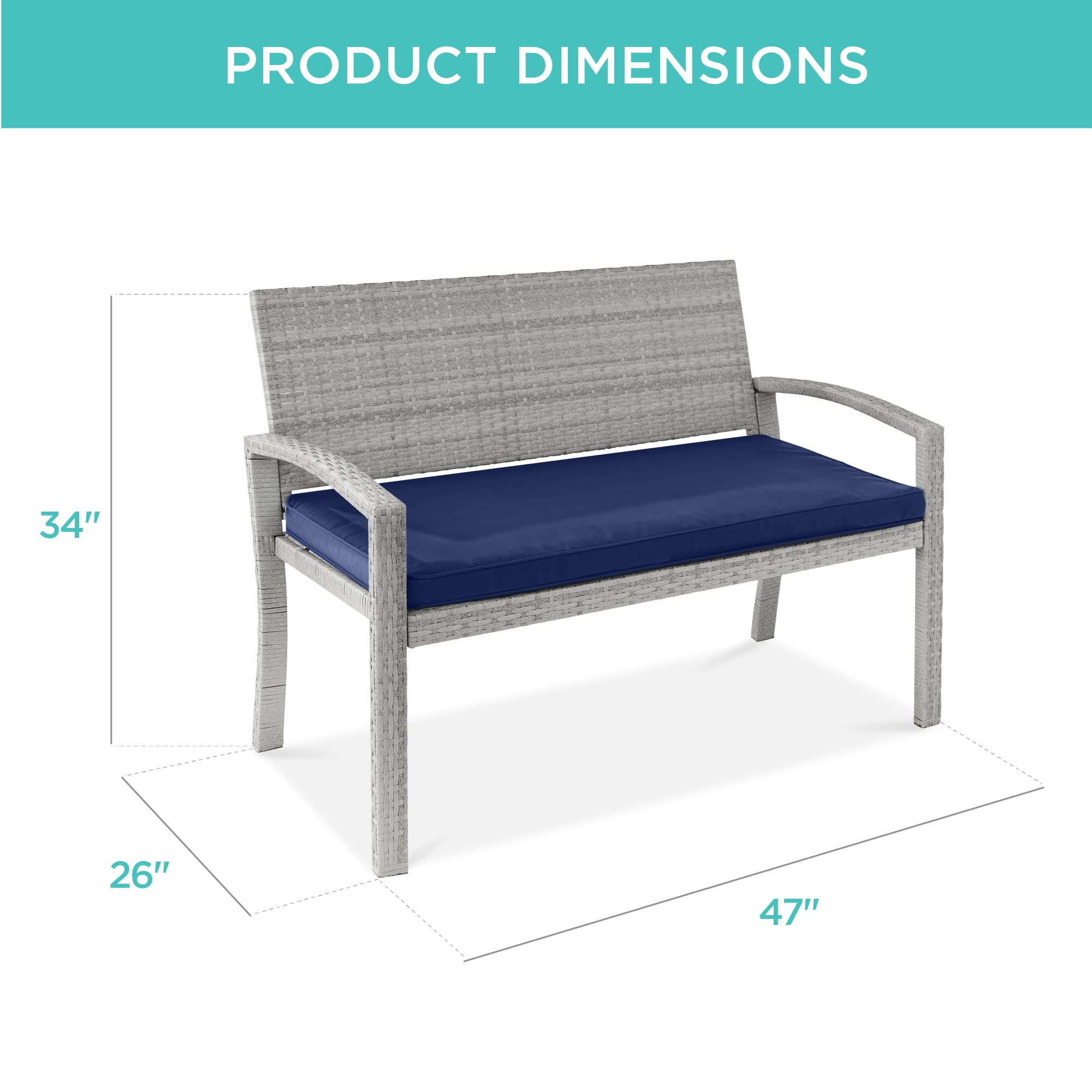 Best Choice Products 2-Person Outdoor Wicker Bench with Cushion - 700lb Capacity, Gray/Navy - Patio Furniture for Garden, Backyard, Porch & Deck Seating - Perfect for Relaxing, Entertaining & Outdoor Gatherings