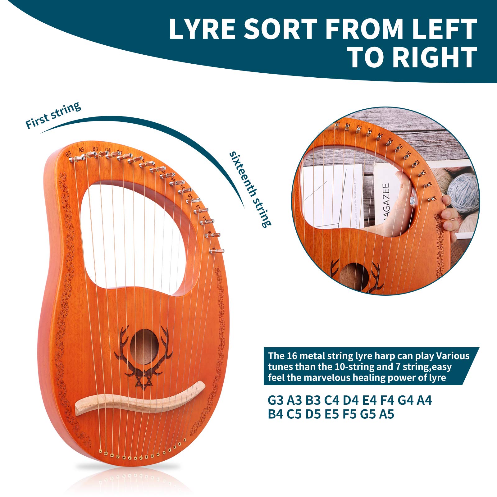 16 String Mahogany Lyre Harp with Tuning Wrench & String Set - Professional Musical Instrument for Beginners & Music Lovers | Perfect for Meditation, Home Decor & Celtic Music Performances