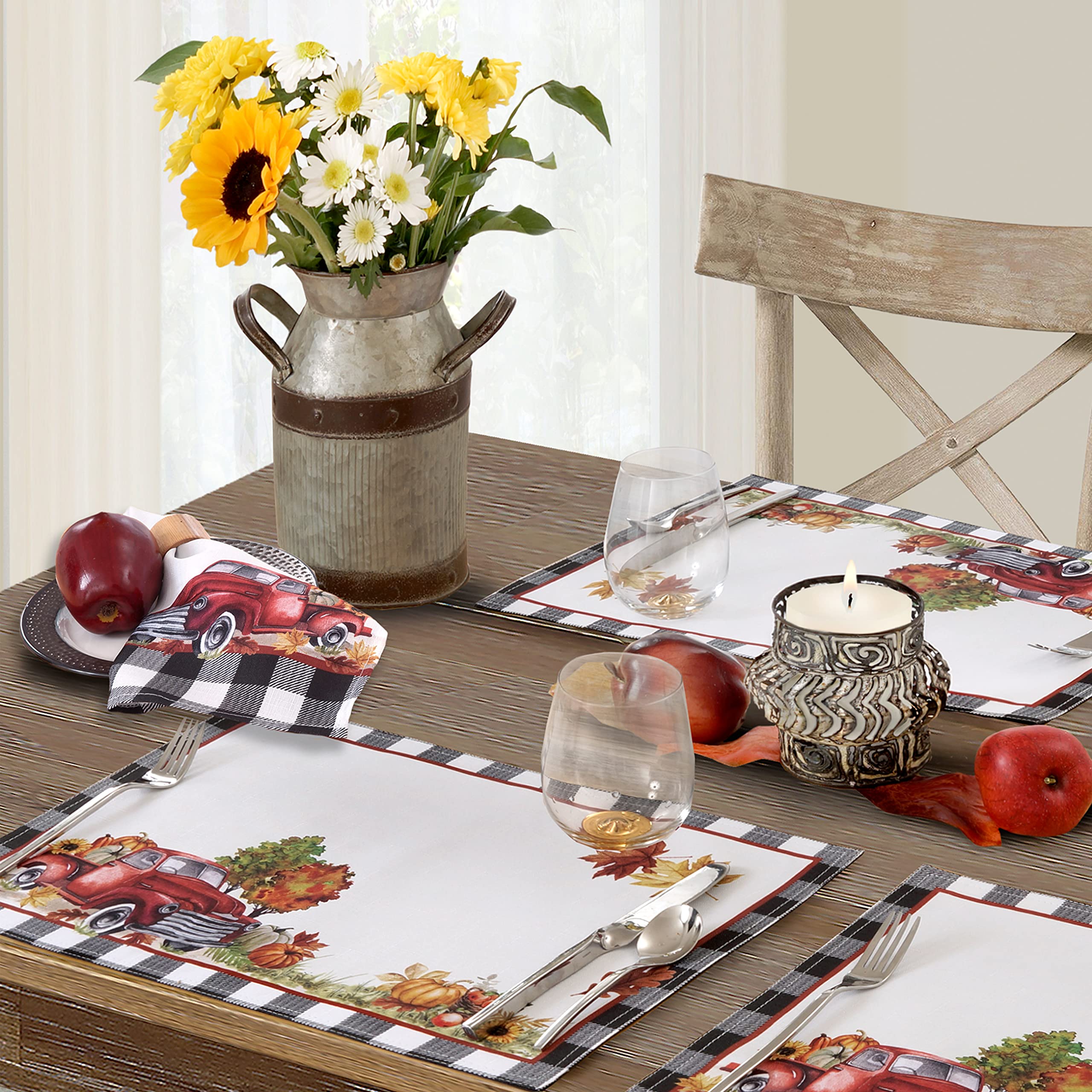 Newbridge Thanksgiving Autumn Farm Truck Gingham Bordered Fabric Placemats - Set of 4 Fall Pumpkin Harvest Barn Print Table Mats - Washable & Durable for Holiday Dinner, Banquet & Home Decor