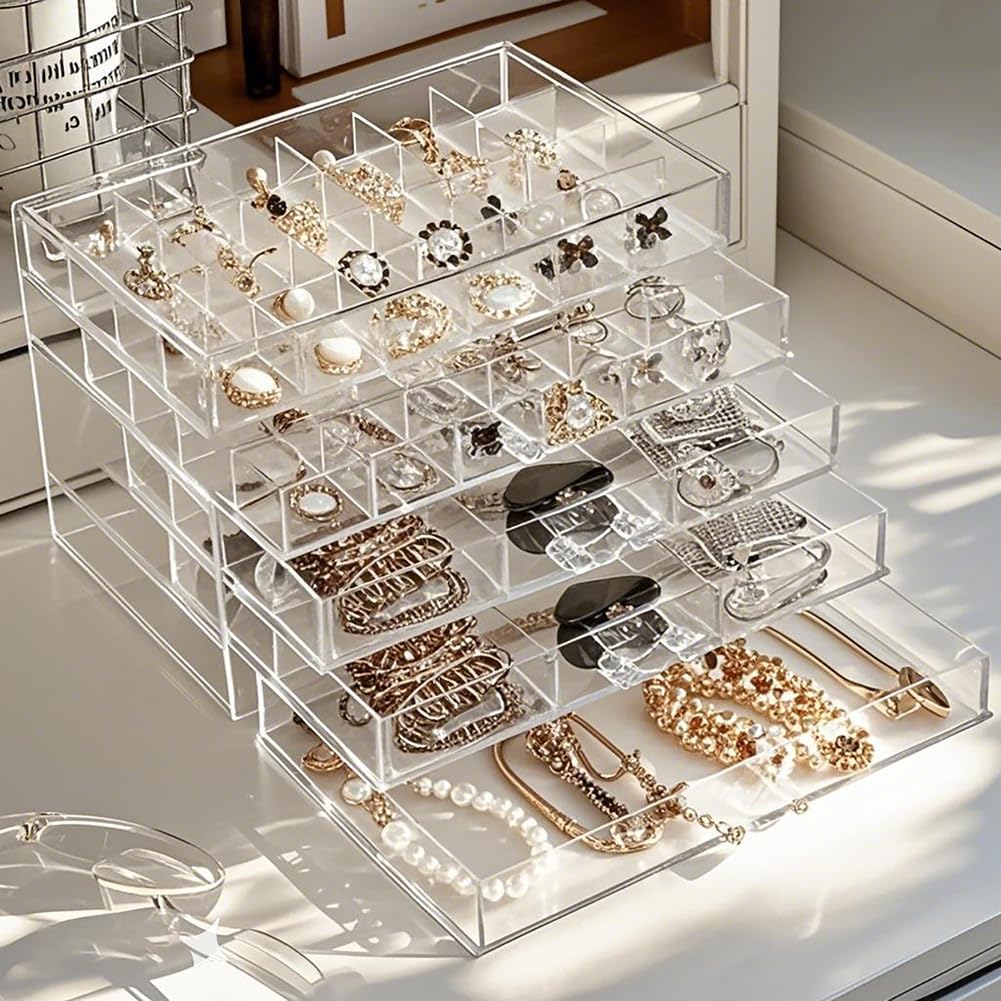 Clear Acrylic Jewelry Box with 5 Drawers - Earring Storage Organizer & Display Case with Compartment Trays - Transparent Jewelry Holder for Earrings, Necklaces, Rings & Bracelets - Perfect for Bedroom, Closet & Travel Organization