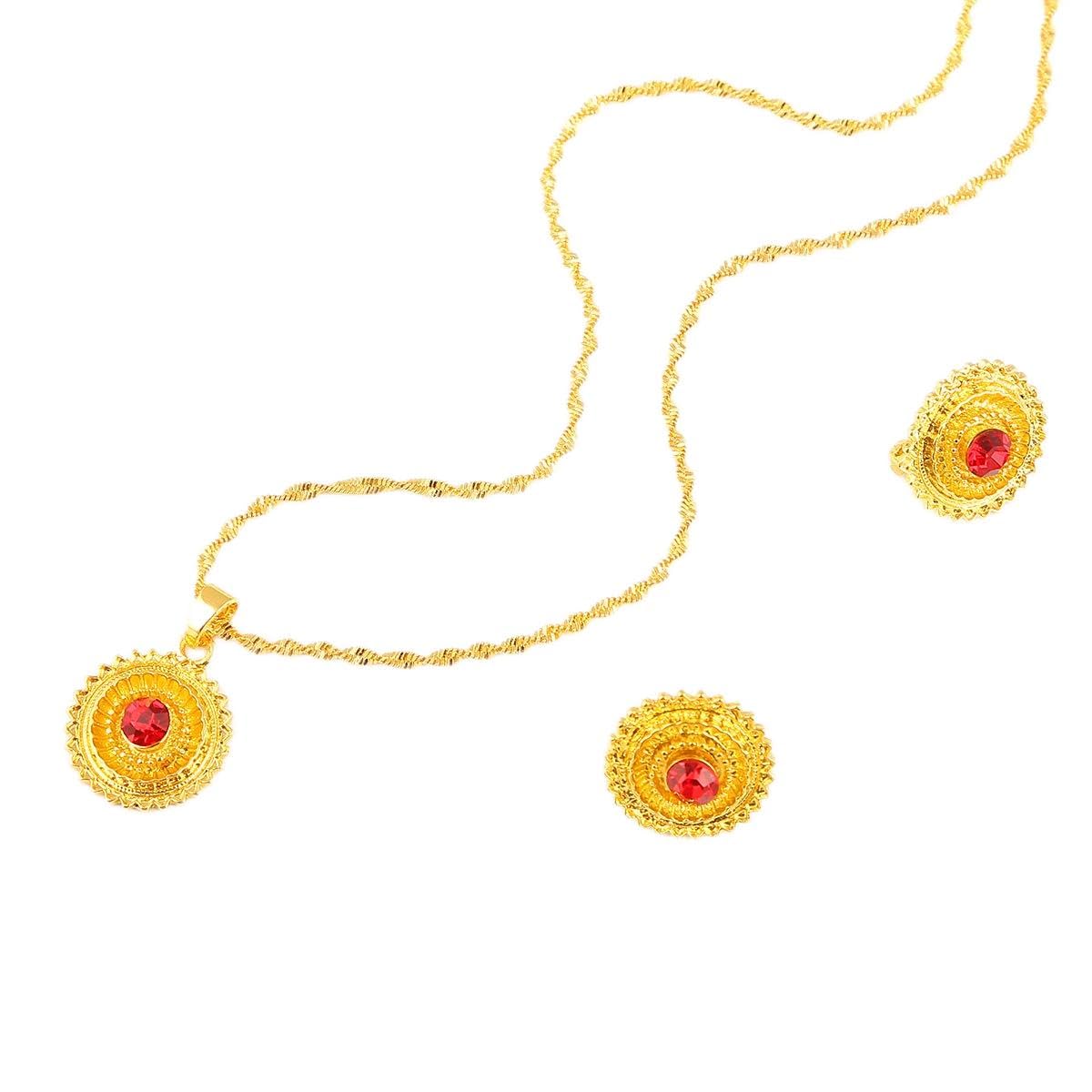 Ethiopian Gold Jewelry Set - African Habesha Handmade Earrings, Pendant & Ring with Genuine Stone | Nigerian Tribal Jewelry for Weddings, Parties & Cultural Events