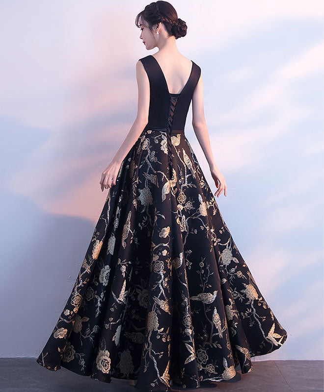 Elegant Black V-Neck Floral Long Prom Dress for Evening Gowns - Perfect for Prom Night, Formal Events & Special Occasions