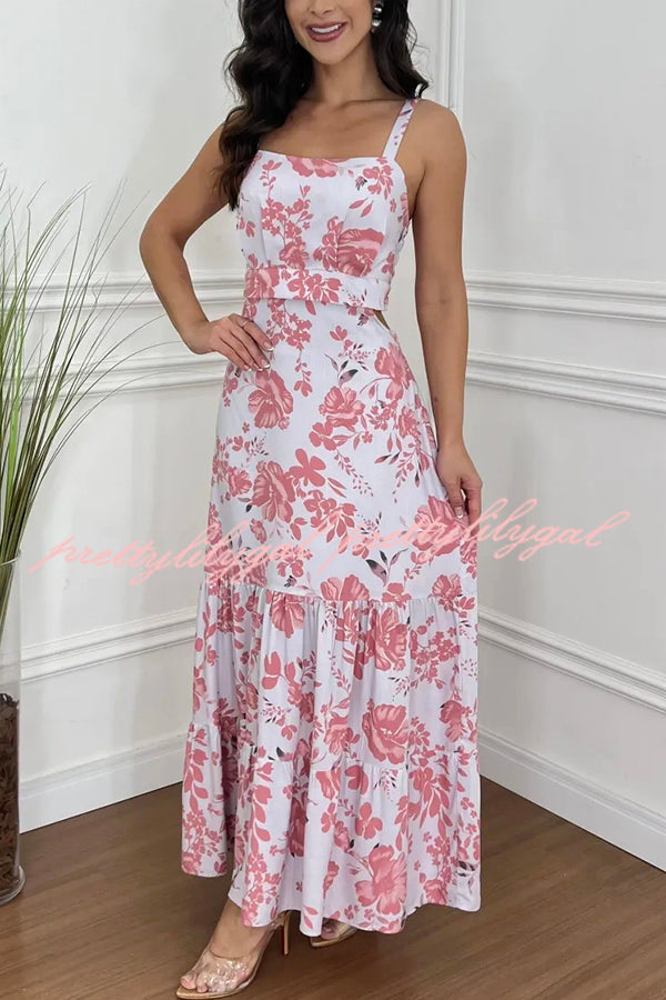 Vintage Floral Print Cutout Back Smocked Maxi Dress - Boho Summer Beach Dress for Women, Perfect for Vacations, Weddings & Outdoor Parties