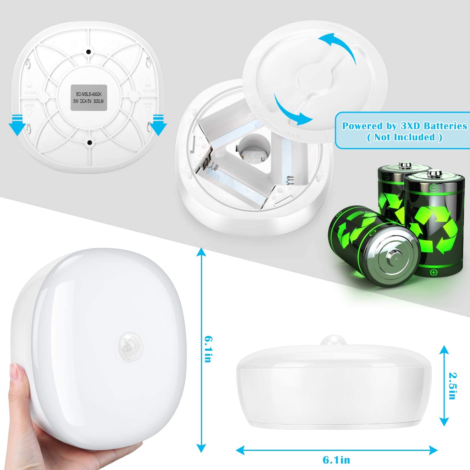 Battery Powered LED Ceiling Light with Wireless Motion Sensor - 300 Lumens 5W Indoor Outdoor Light for Closet, Pantry, Stair, Garage, Basement, Shower (6500K Daylight White) - Perfect for Home Security & Energy Saving Lighting