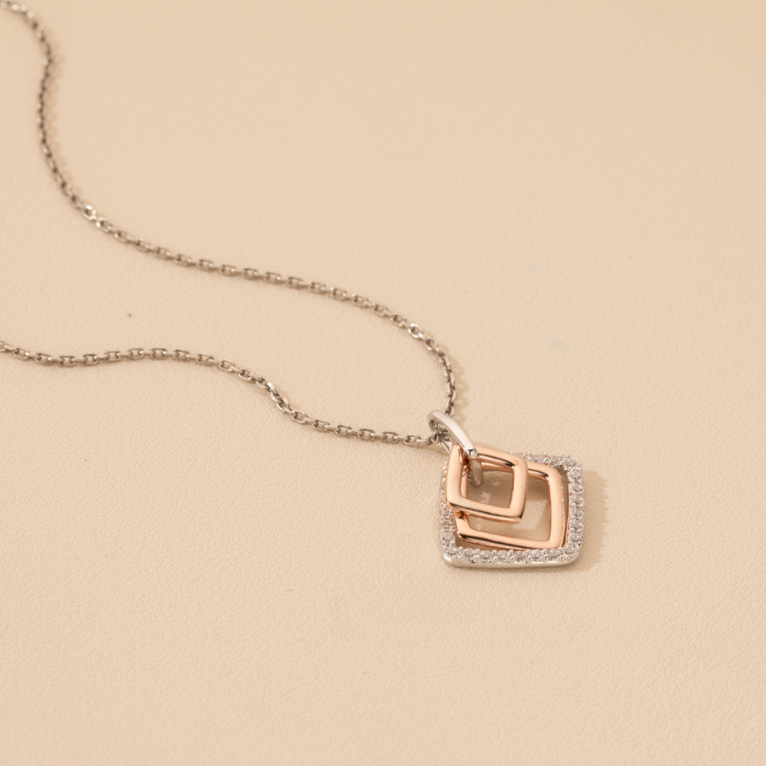 Rose Tone Sterling Silver Open Layered Square Pendant Necklace - Elegant Jewelry for Women, Gift for Valentine's Day, Anniversary & Special Occasions