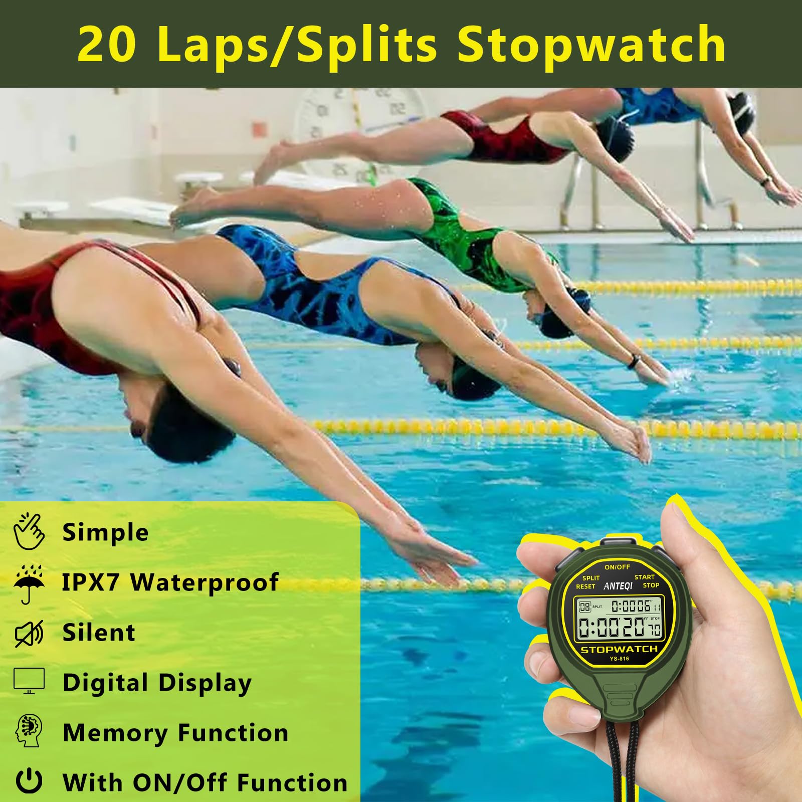 ANTEQI Waterproof Digital Stopwatch - 20-Lap Memory, ON/OFF Function, No Clock/Calendar/Alarm - Silent Sports Timer for Coaches, Swimming, Running, Track & Field Training