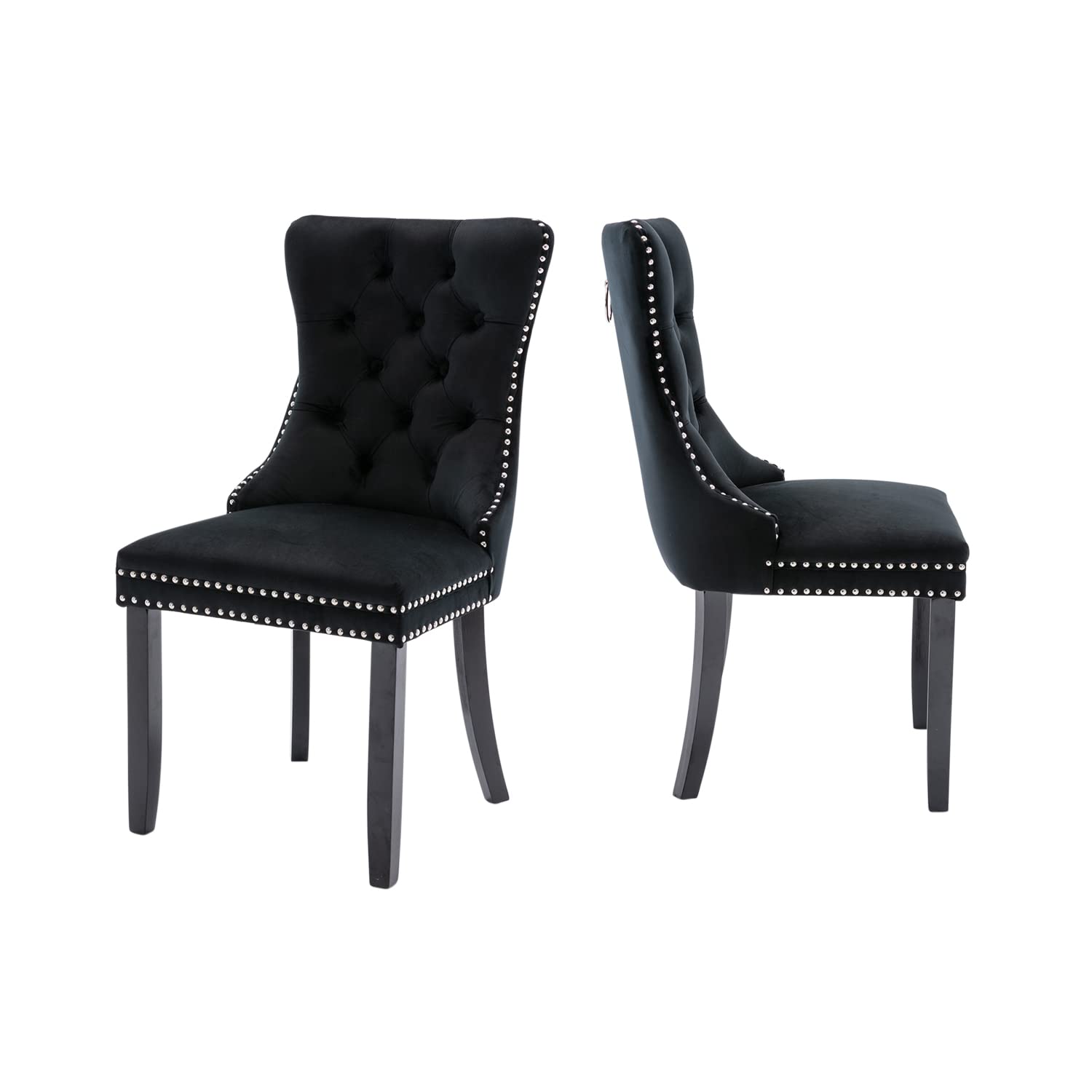 Kiztir Velvet Dining Chairs Set of 2 - Upholstered Modern Tufted Dining Room Chairs with Ring Pull Trim & Button Back - Luxury Black Velvet Chairs for Living Room, Bedroom, Kitchen - Perfect for Home Decor, Dinner Parties & Small Spaces