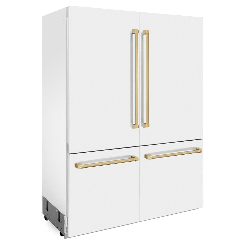 ZLINE Autograph Edition 60-Inch French Door Built-In Refrigerator - 32.2 cu ft Capacity, Bottom Freezer, Water Dispenser & Ice Maker - White Matte with Champagne Bronze Accents (RBIVZ WM 60 CB) | Perfect for Modern Kitchens & Luxury Homes