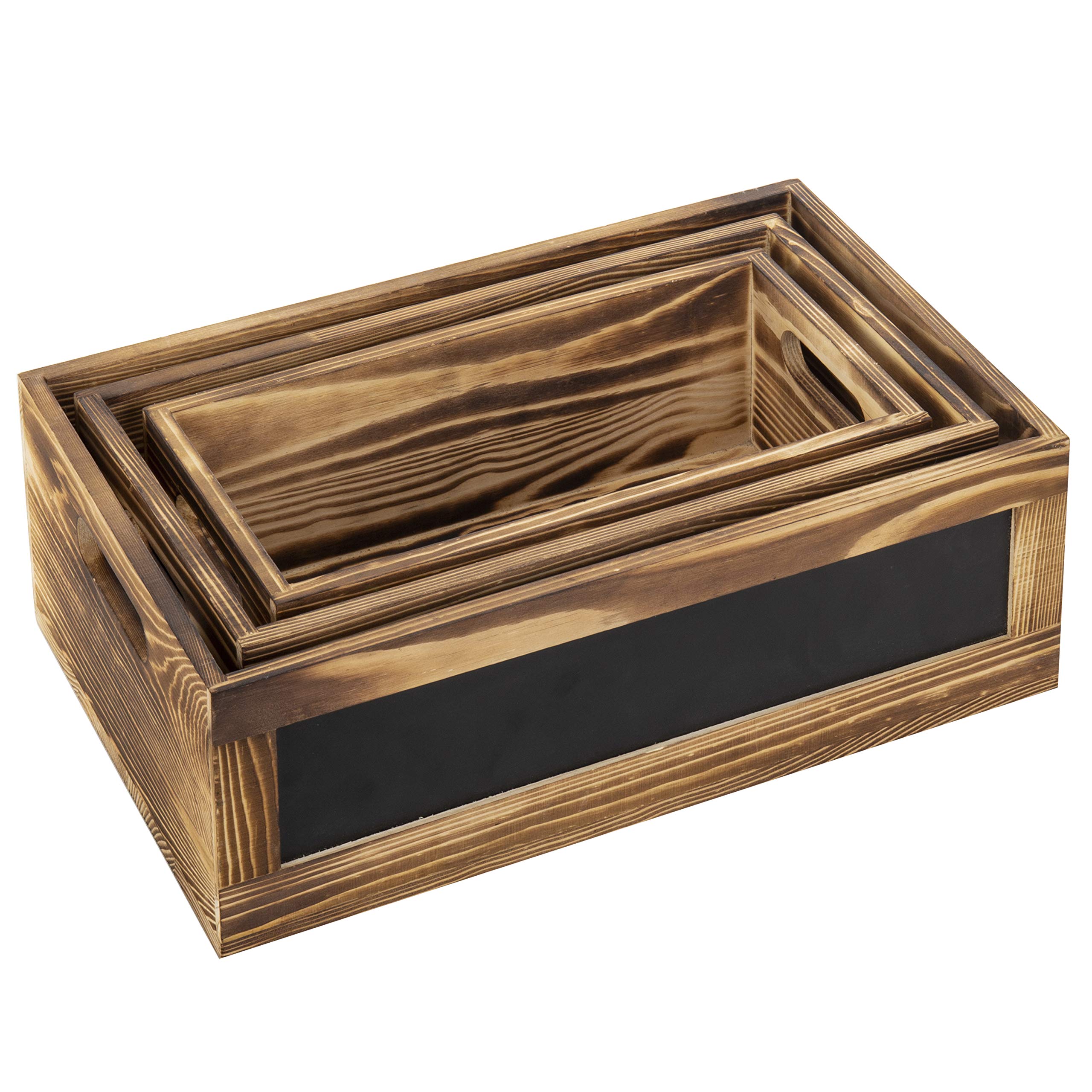 Rustic Burnt Wood Nesting Storage Bins with Chalkboard Panel & Cutout Handles - Farmhouse Decorative Stackable Wooden Open Top Boxes, 3-Piece Set - Perfect for Home Organization, Pantry Storage & Farmhouse Decor