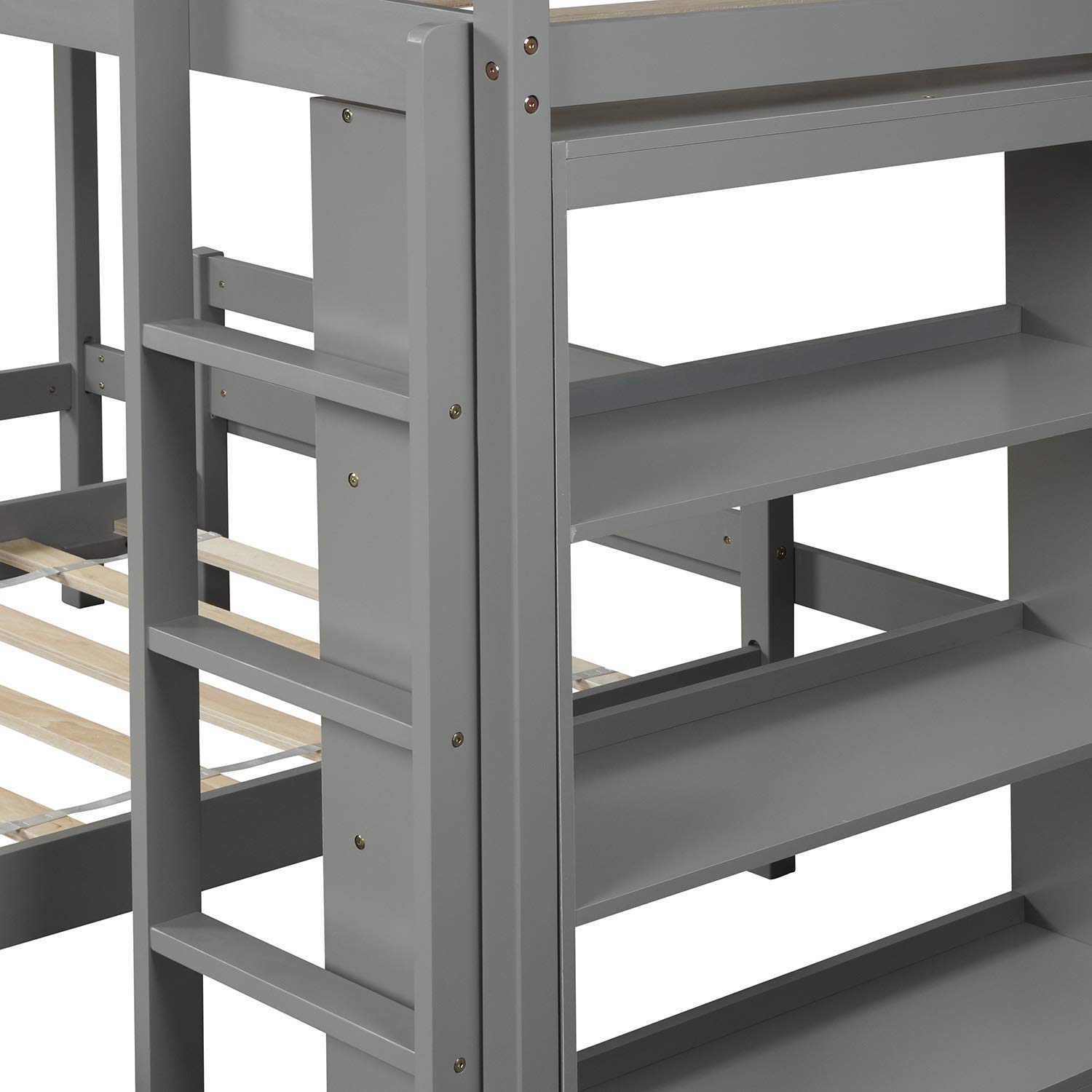 Solid Wood Twin Over Twin L-Shaped Bunk Bed with Shelves & Ladder - Convertible to Loft Bed & Twin Platform Bed, No Box Spring Needed (Grey & Pinewood) - Perfect for Kids' Bedrooms, Guest Rooms & Small Spaces