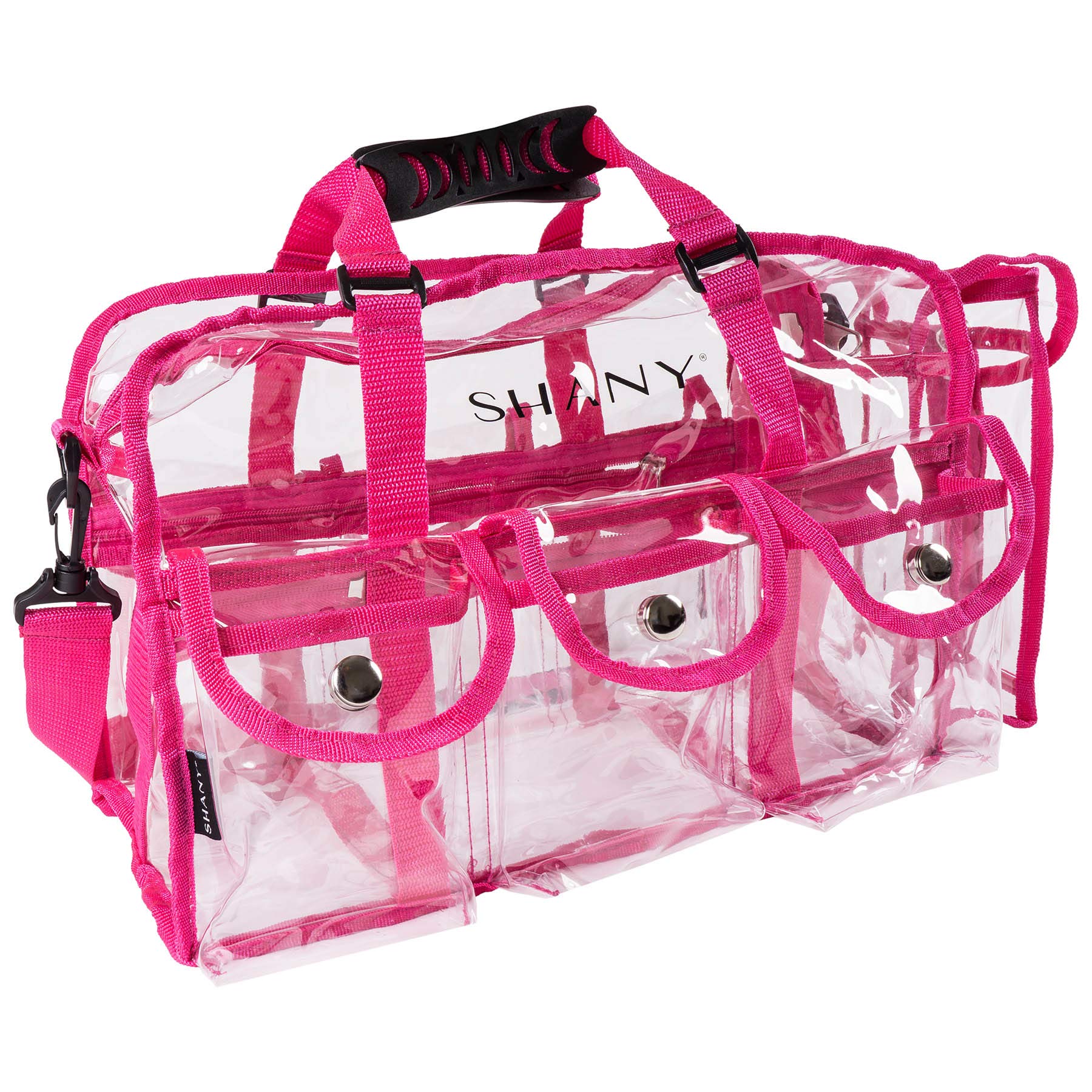 SHANY Clear PVC Makeup Bag - Large Professional Cosmetic Organizer with Shoulder Strap & 5 External Pockets - Pink | Perfect for Travel, Salon & Makeup Artists | Waterproof & Durable Makeup Case for Cosmetics Storage