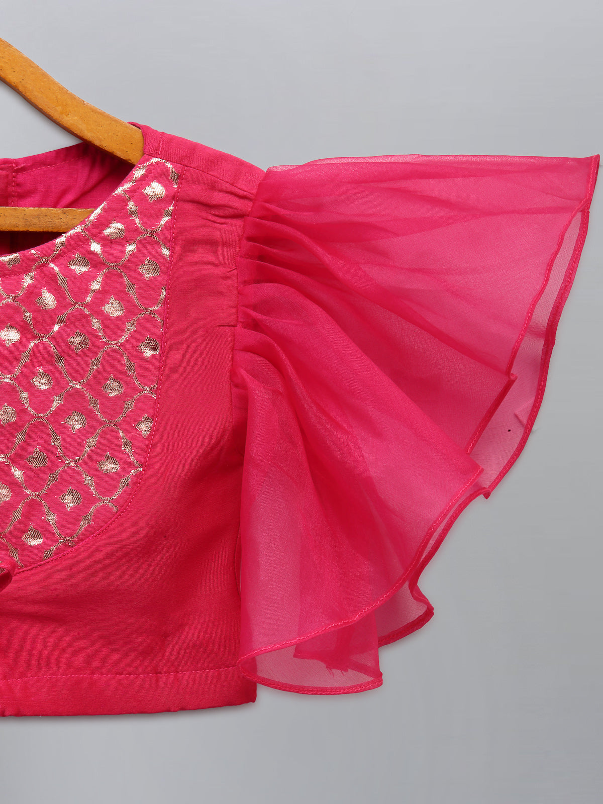 Pre Order: Fuschia Pink Ruffled Blouse with Cotton Zari Lehenga Set - Perfect for Weddings, Festivals & Special Occasions
