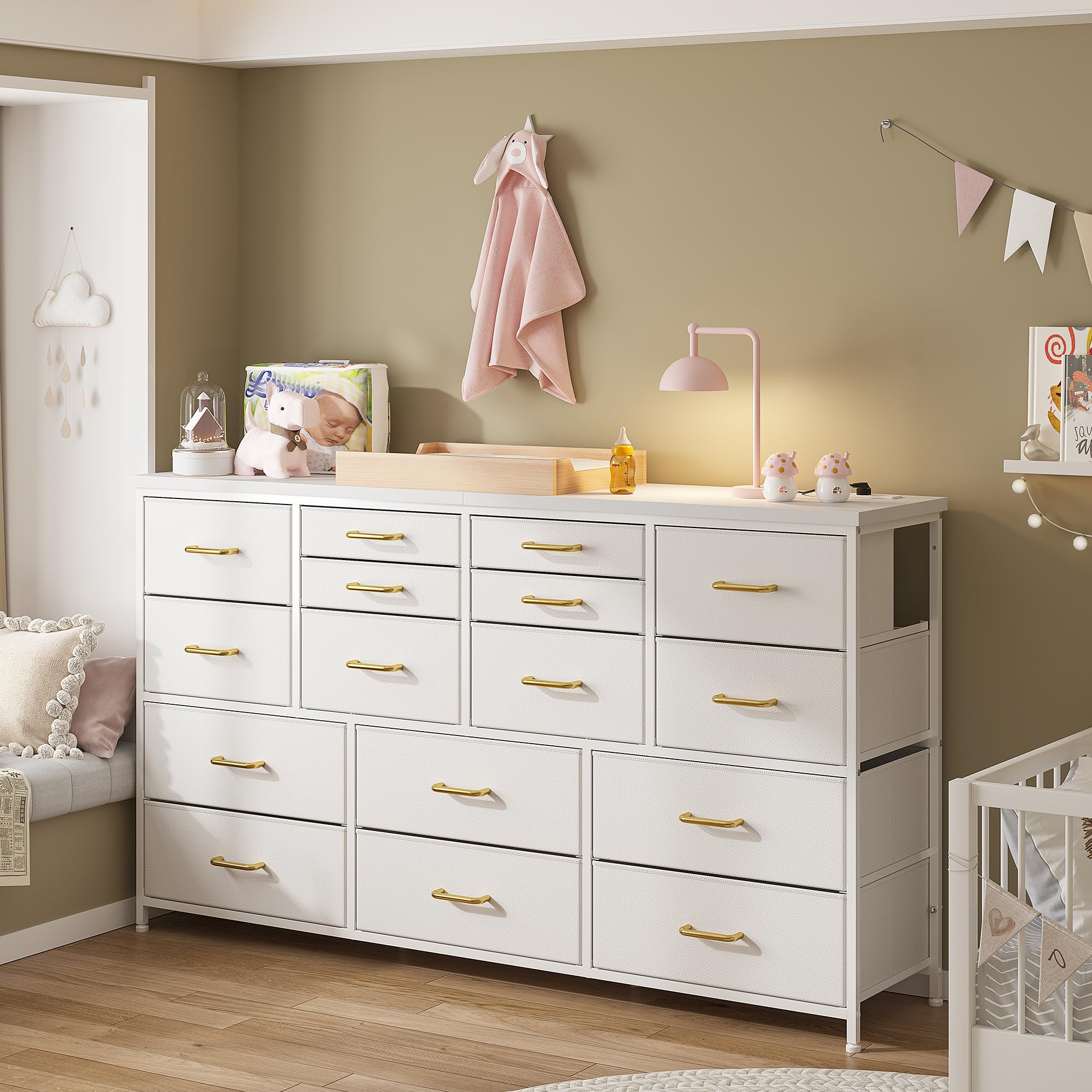Modern White Dresser TV Stand with Power Outlets for 60