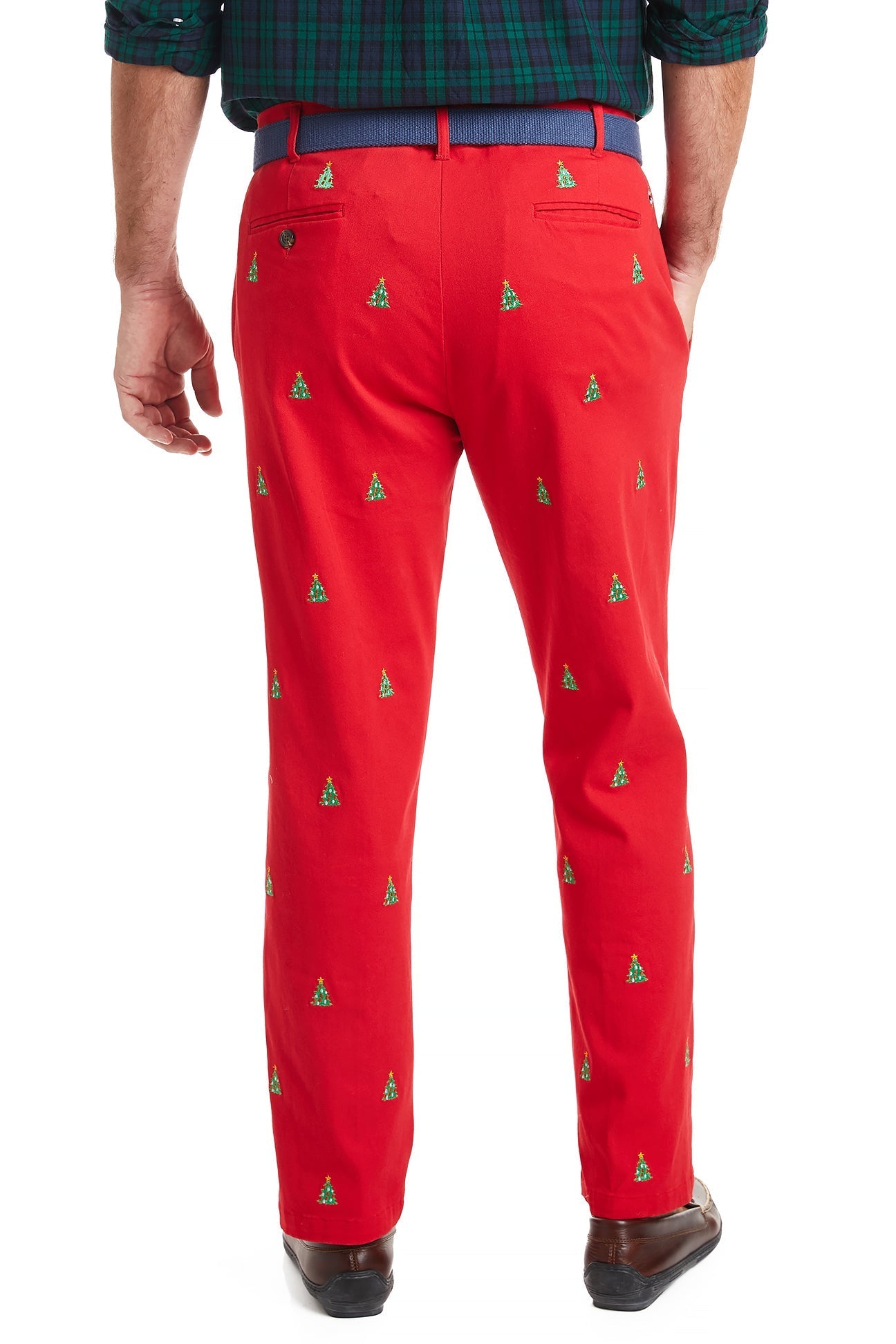 Stretch Twill Harbor Pants in Bright Red with Christmas Tree Design - Perfect for Holiday Parties & Festive Outfits