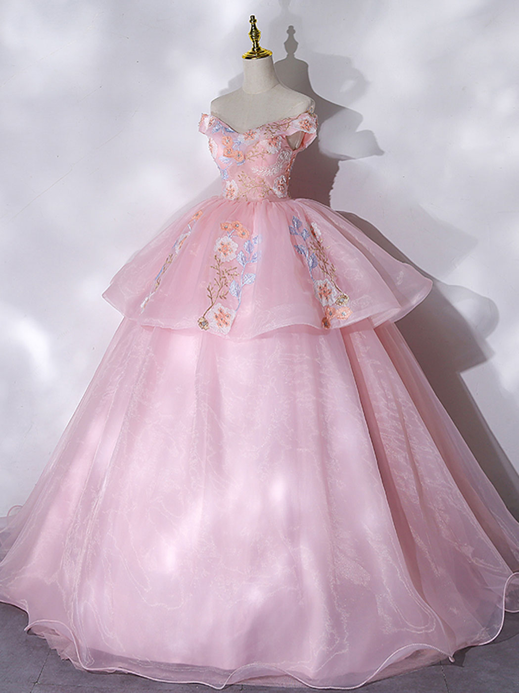 Elegant A-Line Off Shoulder Organza Lace Pink Long Prom Dress for Sweet 16 Party, Homecoming, Formal Events & Special Occasions