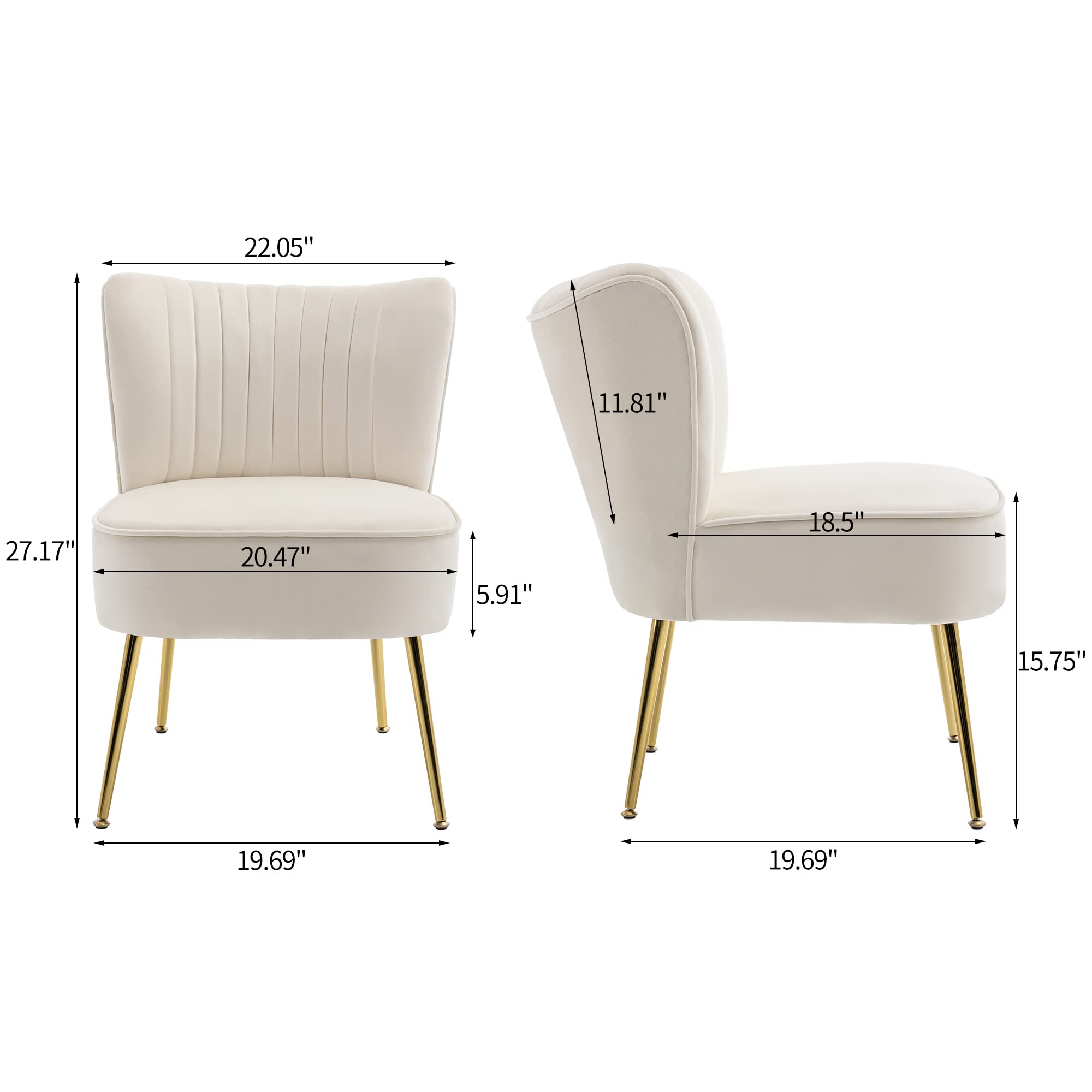 KCC Modern Velvet Upholstered Accent Chair Set of 2 - Mid Century Living Room Chairs with Golden Metal Legs, Comfortable Armless Wingback Side Chairs for Bedroom, Office or Lounge (Beige) - Perfect for Small Spaces, Reading Nooks and Guest Seating