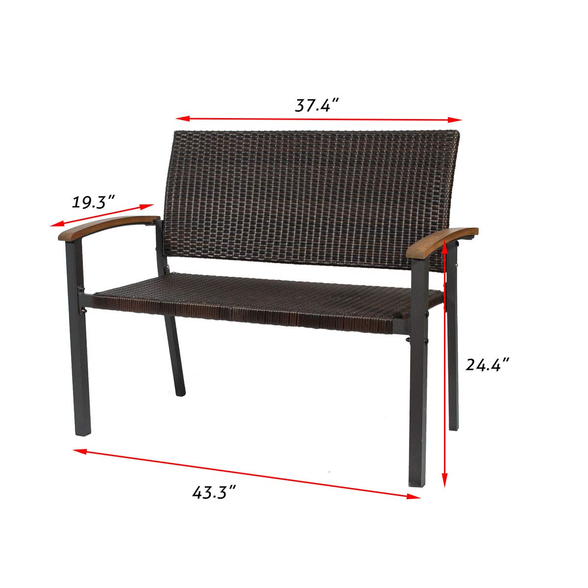 Rattan Patio Garden Bench - Outdoor Wicker Loveseat with Curved Backrest & Armrests | Durable Weather-Resistant Rattan Furniture for Porch, Deck, Backyard & Garden Seating