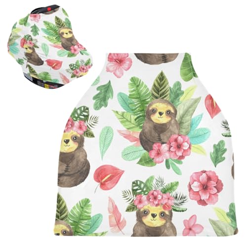Breathable Baby Car Seat Cover with Cute Sloth & Floral Design - Full Coverage Canopy for Stroller, Nursing, and Breastfeeding - Green Leaves & Pink Flowers Infant Carseat Protector for Outdoor Use