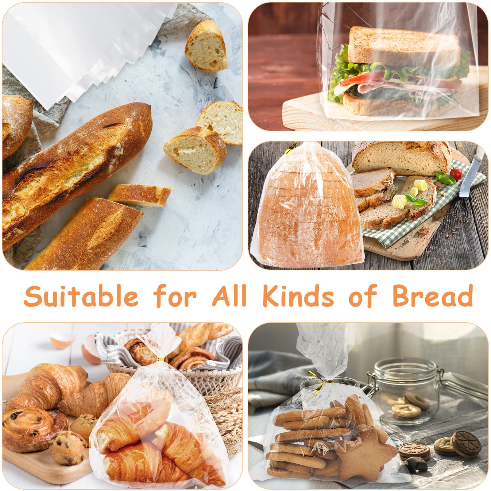 72 Pack Clear Bread Bags with 100 Ties | Reusable Adjustable Plastic Loaf Bags for Homemade Bread | Perfect for Home Bakers & Bakery Owners | Ideal for Fresh Bread Storage, Gifting & Commercial Use