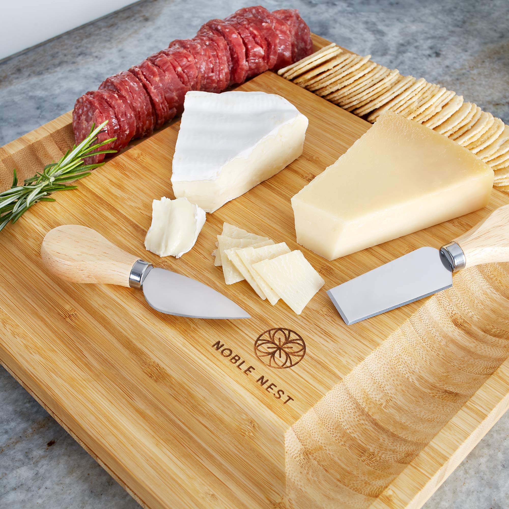 Premium Bamboo Cheese Board Set with Knives, Slate Labels & Chalk Marker - Elegant Charcuterie Platter for Entertaining | Perfect Gift for Wine Lovers, Bridal Showers & Weddings | Includes Drawer Storage & Travel Bag for Picnics & Parties
