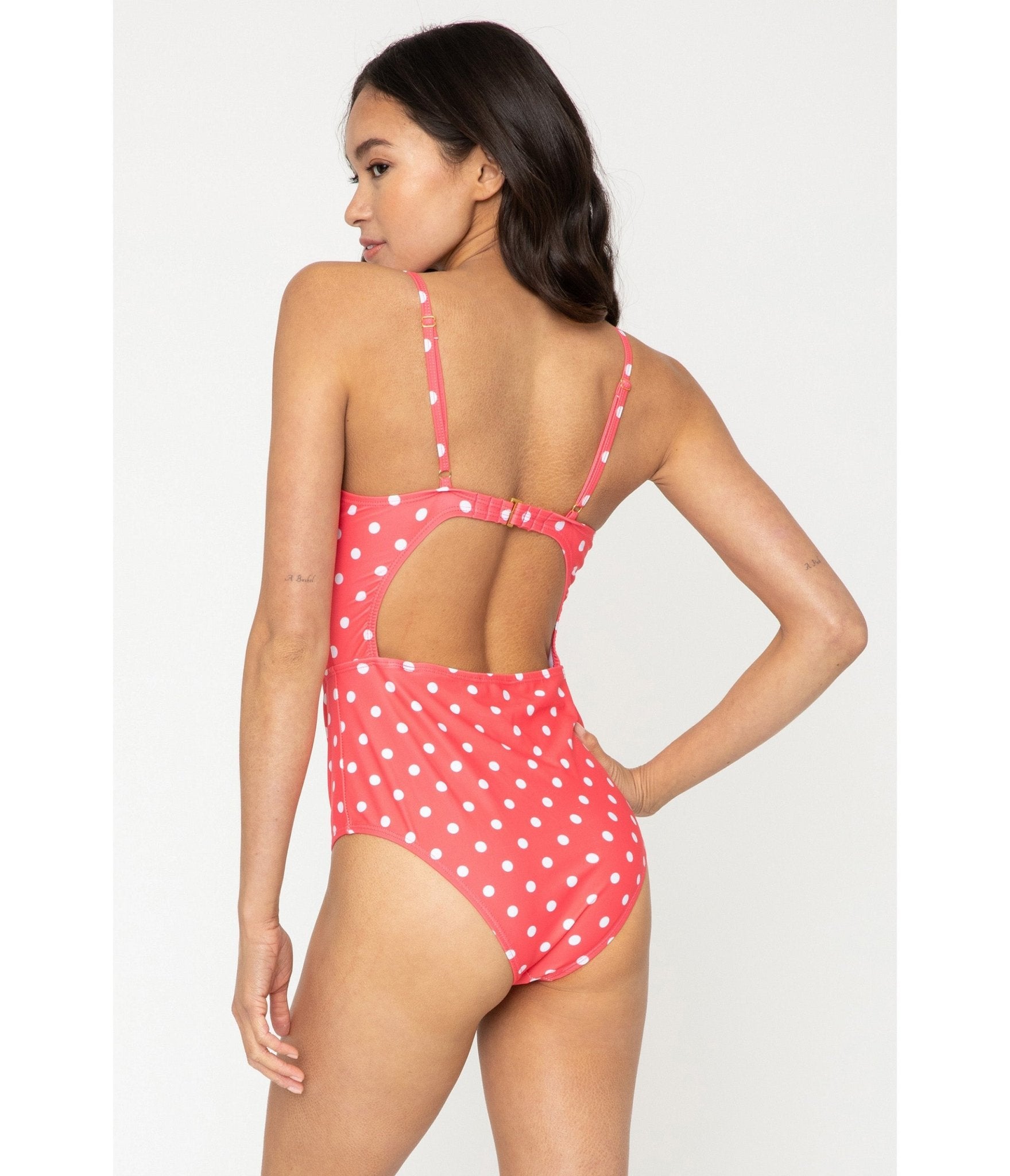 Marina West Women's Pink Coral & White Dot Cutout One Piece Swimsuit - Sexy Bathing Suit for Beach, Pool & Summer Vacations