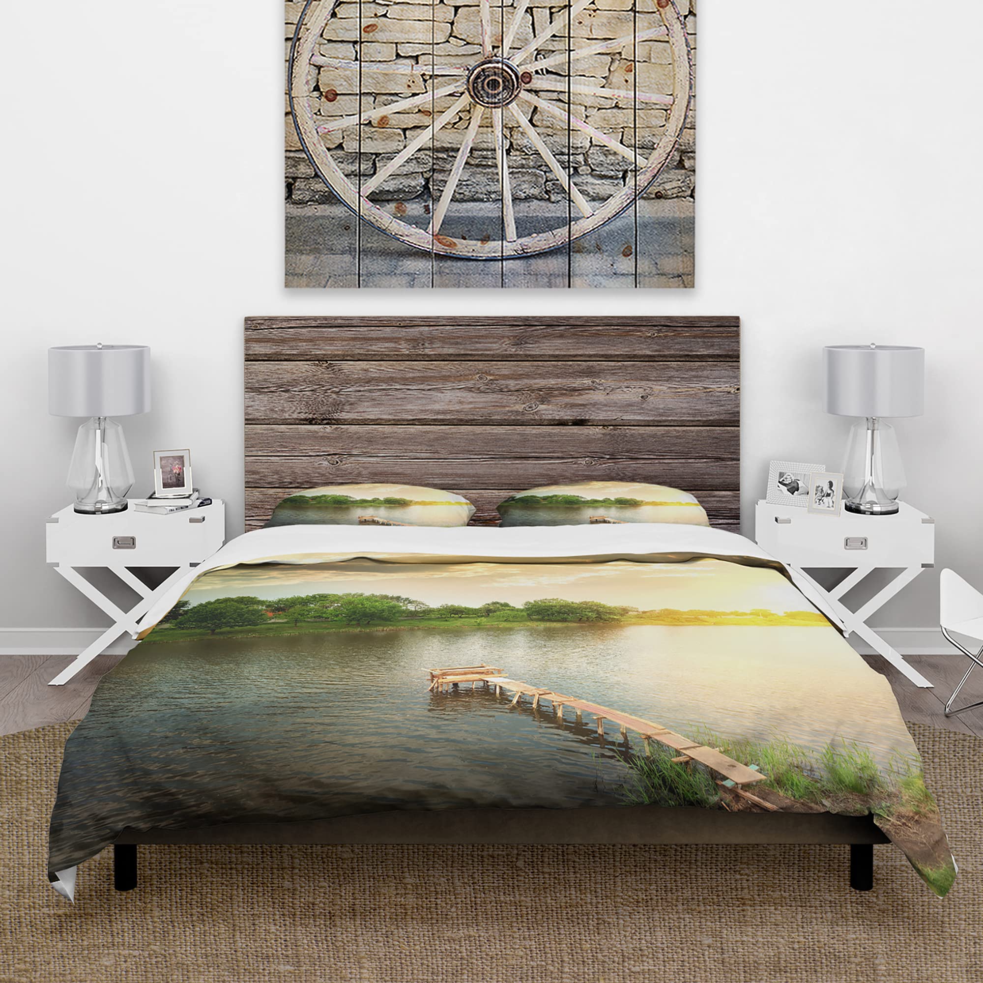 Green Lake House Duvet Cover Set King - 3-Piece Landscape Bedding for All Seasons & Cozy Evenings
