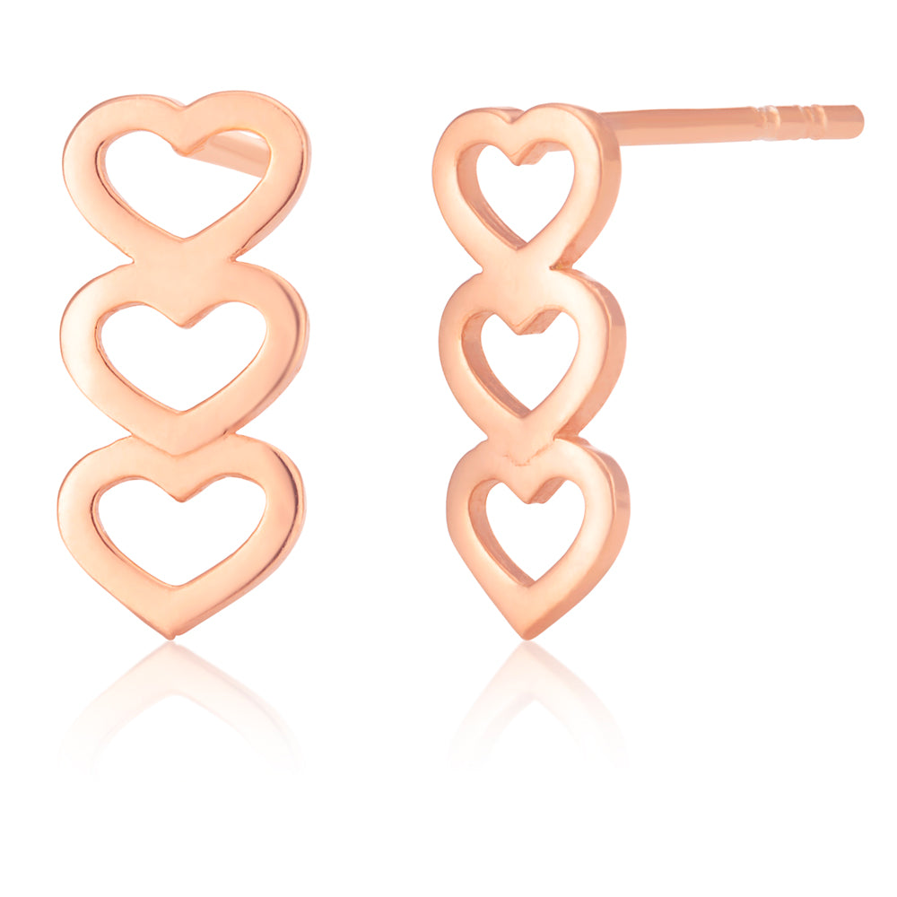 9ct Rose Gold Filled Three Hearts Stud Earrings - Romantic Gift for Women, Valentine's Day, Anniversary & Everyday Wear