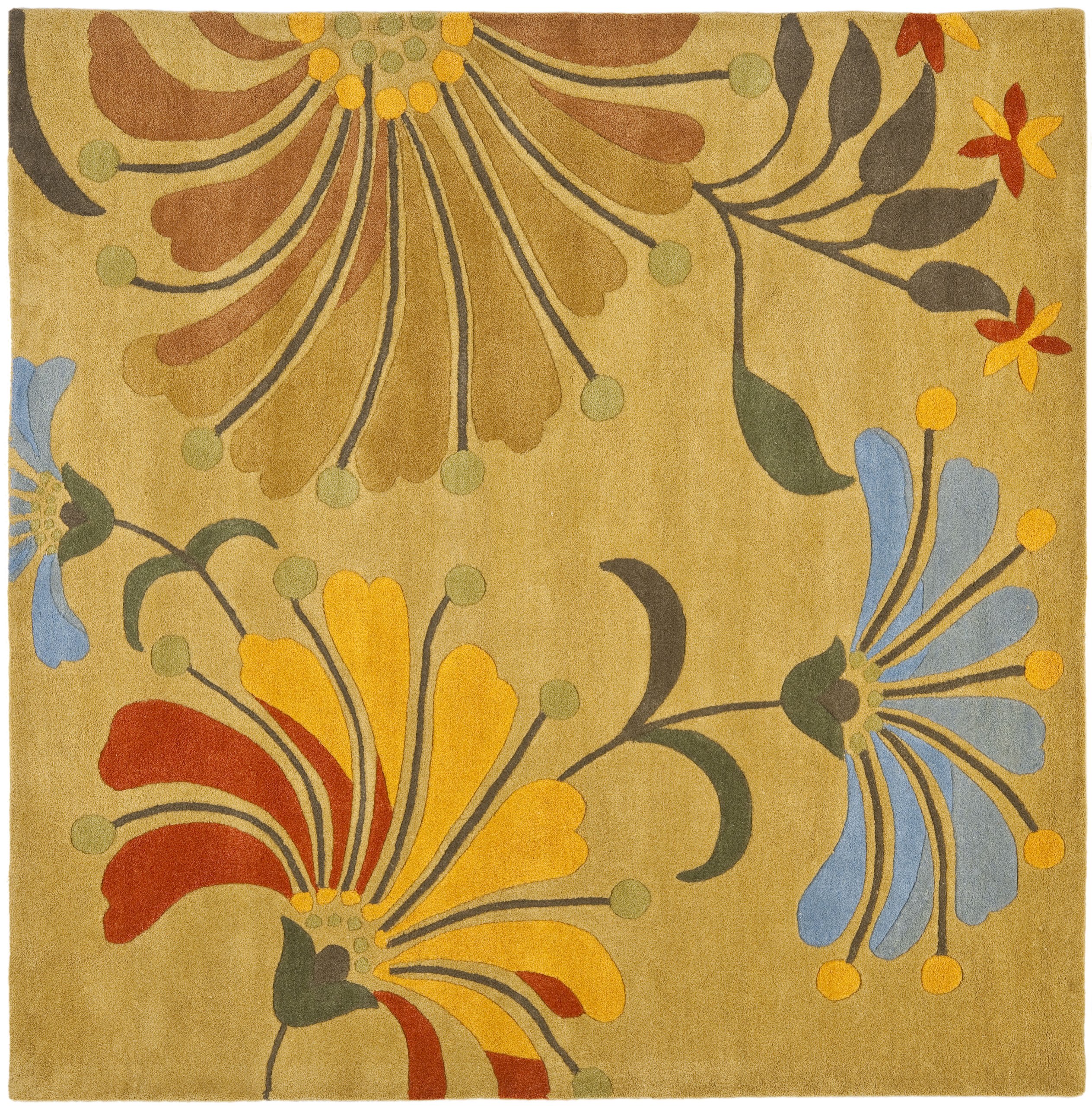 SAFAVIEH Soho Collection 6'x6' Square Handmade Wool Area Rug - Golden Olive Floral Design, Non-Slip Backing, Soft & Durable for Living Room, Dining Room, Bedroom (SOH826A) | Perfect for Boho Chic Decor & Cozy Home Atmosphere