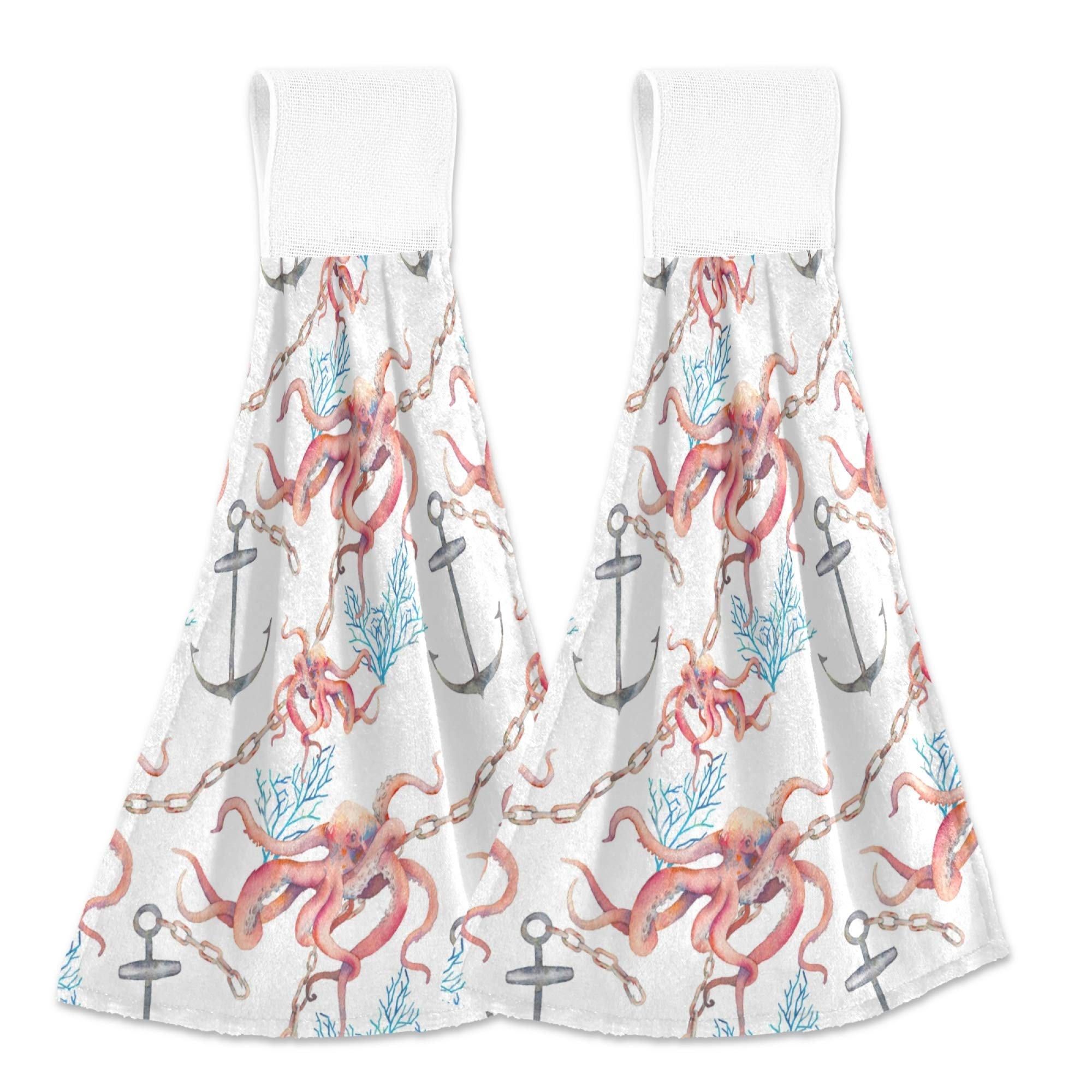 YYZZH Watercolor Nautical Octopus Anchor Chain Coral Marine Animal Sea Life Kitchen Hand Towels - Set of 2 Absorbent Bath Towels with Hook & Loop Hanging Tie - Perfect for Beach House, Coastal Decor & Nautical Themed Bathrooms