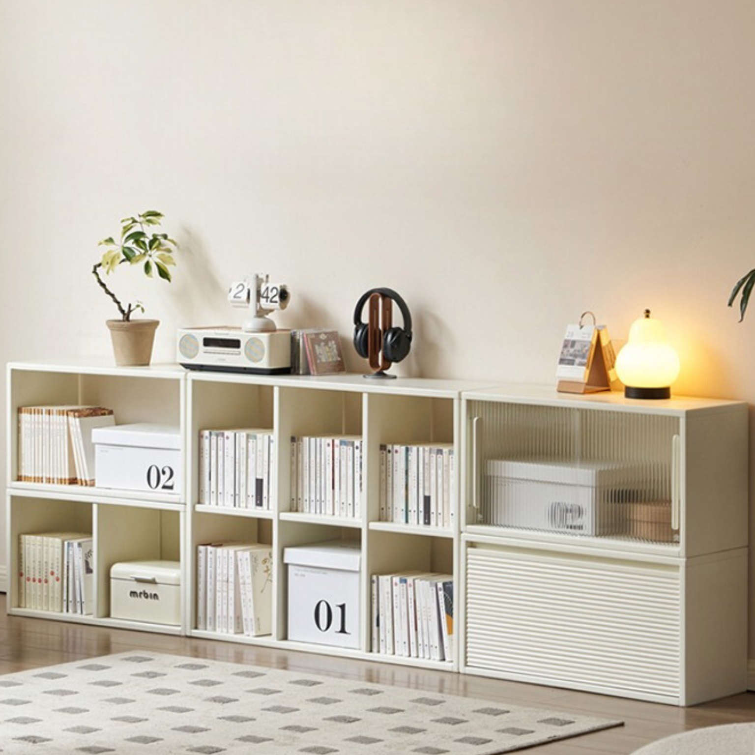 Pine Solid Wood Cream White Lattice Storage Low Bookcase - Modern Farmhouse Style Bookshelf for Living Room, Bedroom, Office - Perfect for Organizing Books, Decor & Storage Needs